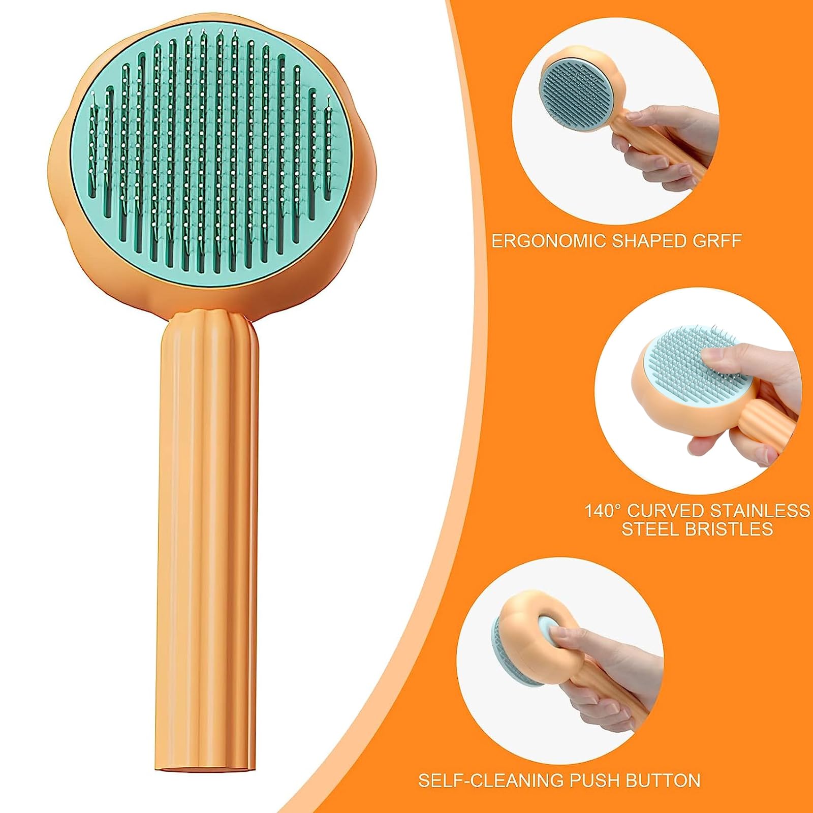 Szczotka samoczyszcząca do depilacji, Clean Pet Hair with One Click, szczotka do czyszczenia sierści zwierząt domowych, szczotka dla kotów, nadaje się do krótkich, długich, kręconych włosów (pomarańczowa)
