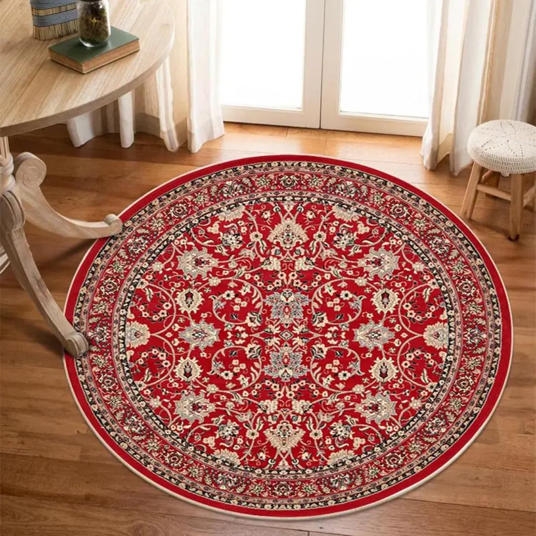 Tapis de luxe de salon rond et lumineux coloris rouge de 100cm