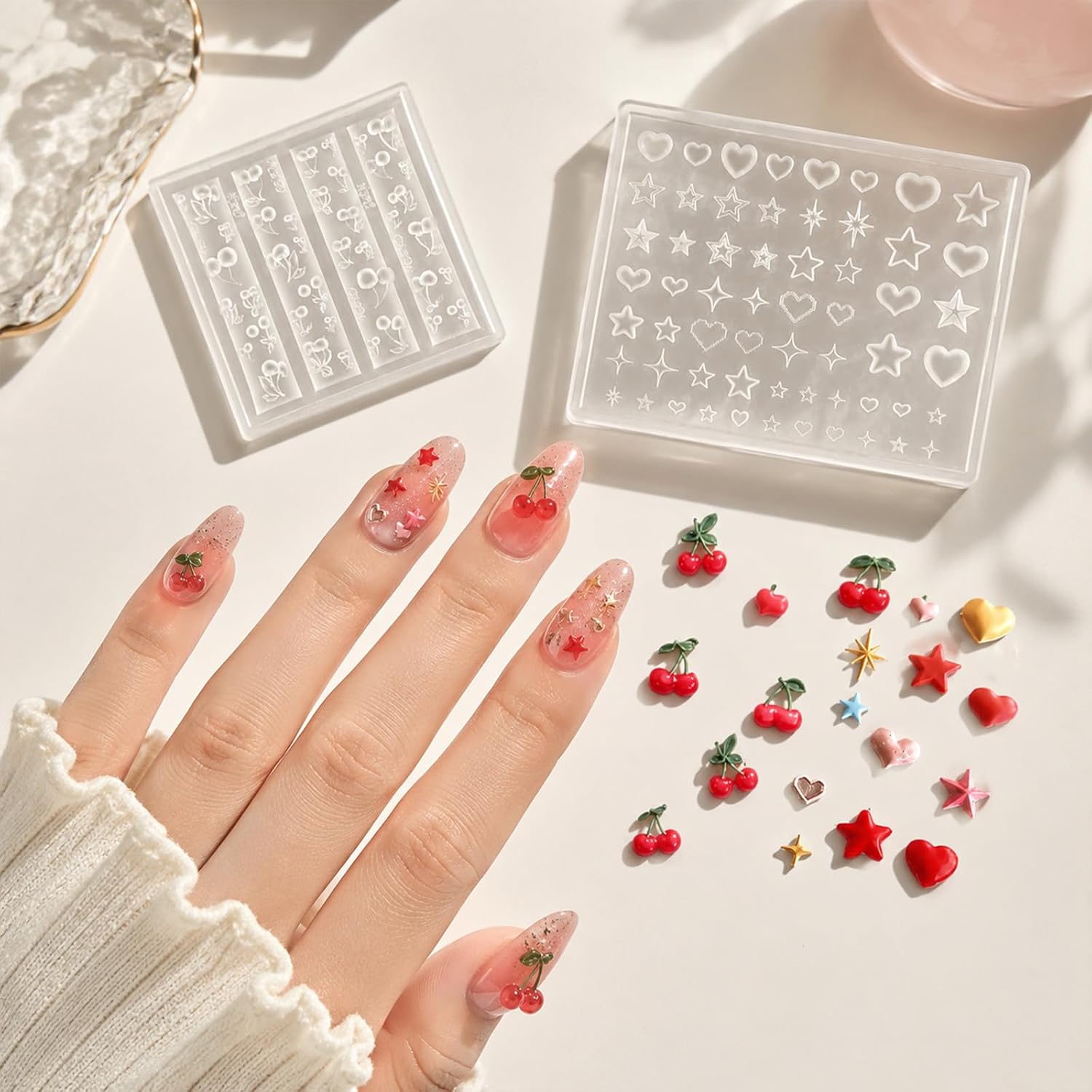 2 Pcs Silicone Nail Art Molds, Star Heart Silicones | 3D Nail Art Silicone Nails Molds Nails Charms Mold for DIY Manicure NailDecorations, Clear Cherry Heart Star Patterns