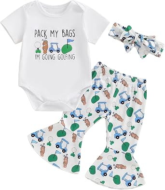 Bonangber Newborn Baby Girl Golf Outfit Letters Short Sleeve Romper Golf Cart Bell Bottoms 3Pcs Set Infant Summer Clothes