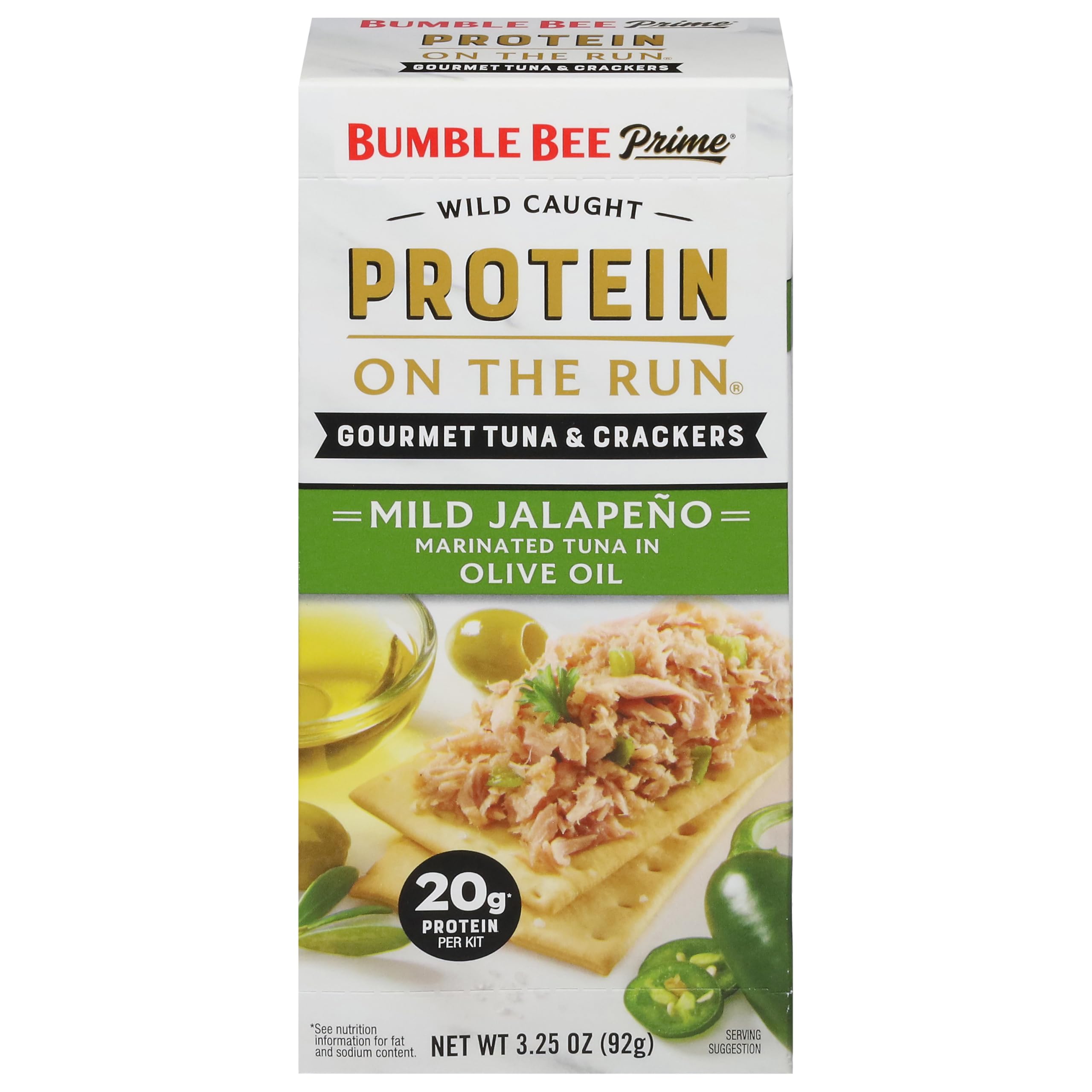 Bumble Bee Prime Protein on the Run Tuna Snack Kit - Gourmet Tuna Marinated in Olive Oil & Mild Jalapeno with Crackers and Serving Utensil - 20g of Protein Per Serving
