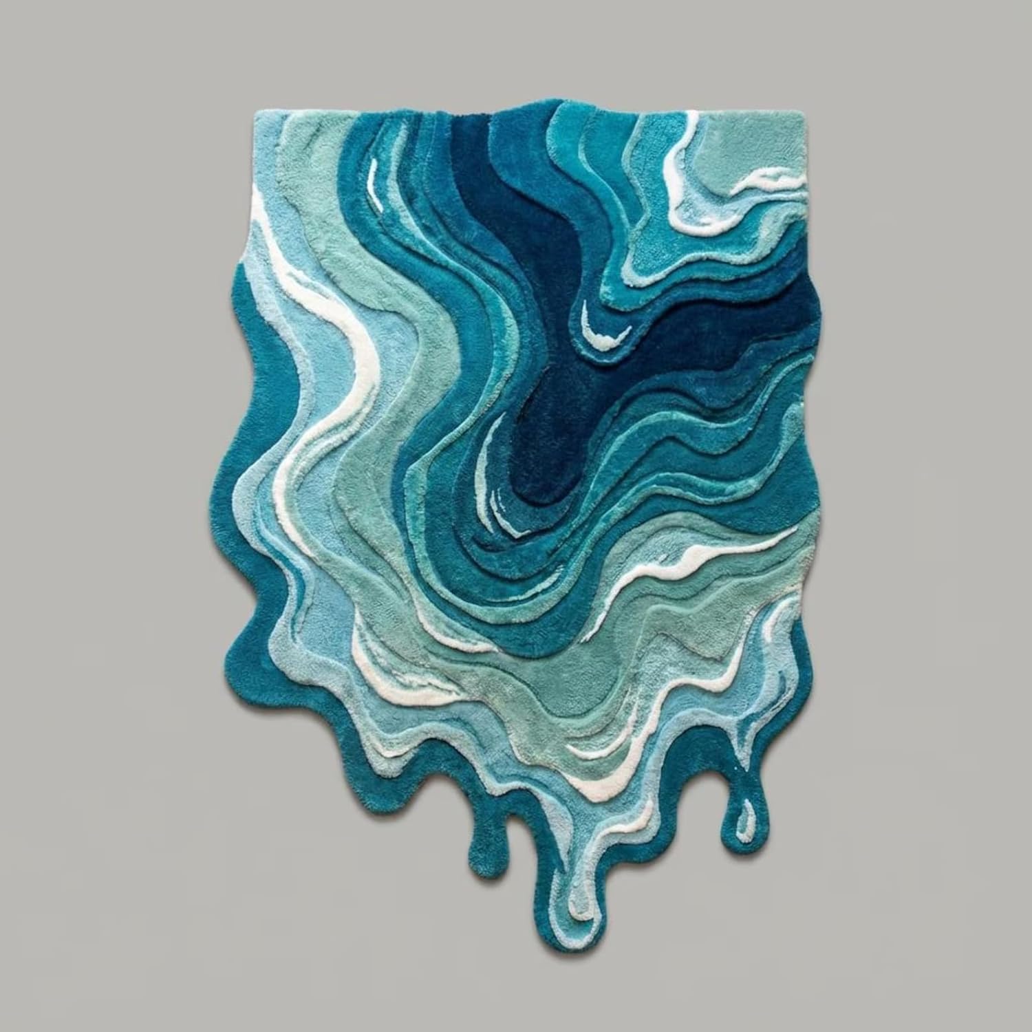 Abstract Ocean Wave Area Rug, Teal Blue Turquoise White Swirl Pattern, Hand-Tufted Textured Design with Dripping Edge, 2x3 Feet