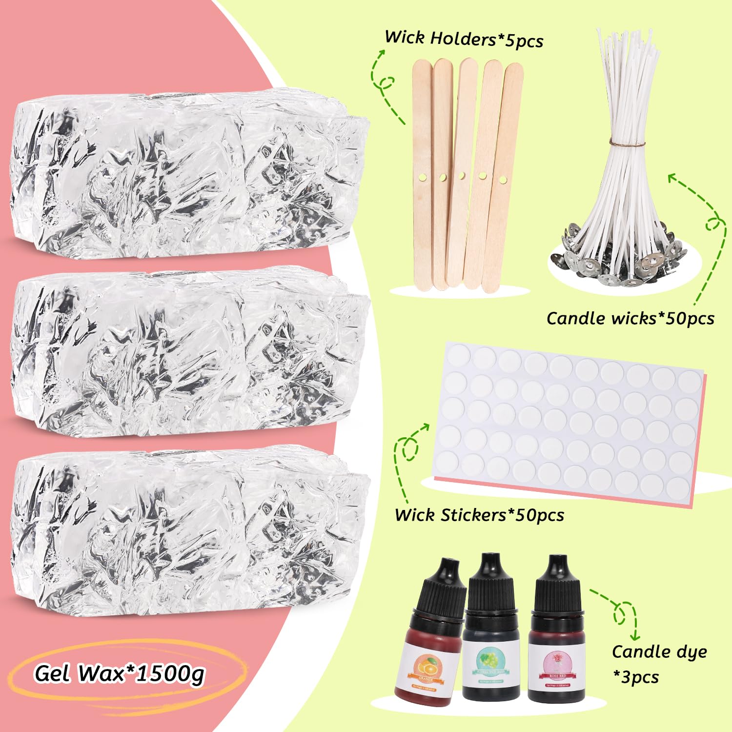 Kit per realizzare candele gelatinose da 400 g, 20 stoppini per candele e 20 adesivi per stoppini (1,4 kg, kit trasparente)
