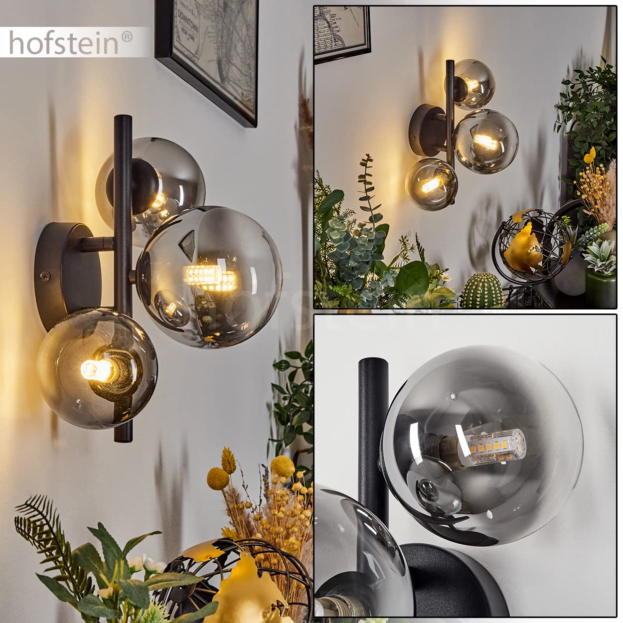 HOFSTEIN Wandleuchte Chehalis, Wandlampe aus Metall/Glas in Schwarz/Rauchfarben, Leuchte im modernen Design, mit runden Schirmen aus Glas, 3-flammig, 3 x G9, Wohnzimmer, Schlafzimmer, Esszimmer