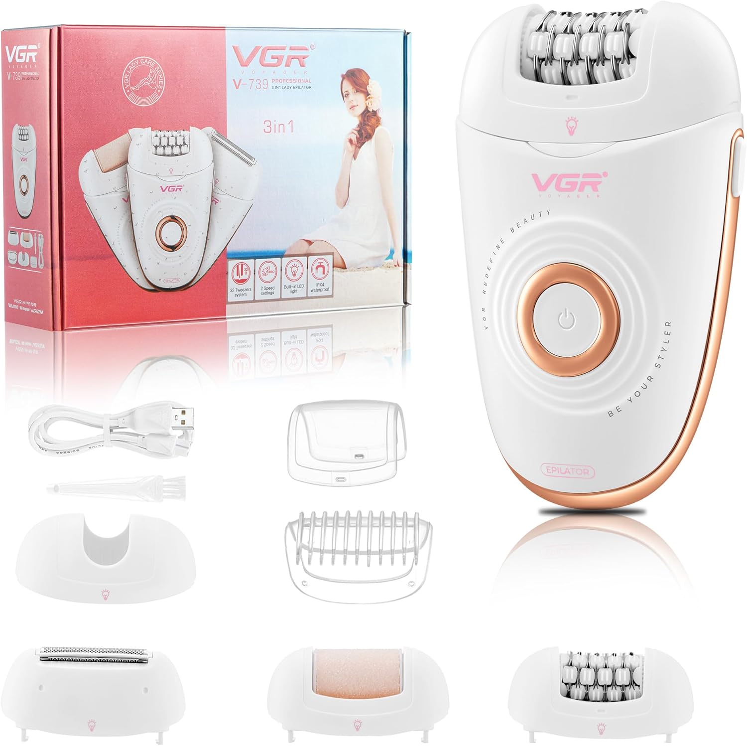 VGR 739 3-in-1 Epilator for Women-Portable Cordless Rechargeable Epilators Hair Removal for Women, IPX4 Waterproof Electric Razor 2 Speeds for Legs, Arms, Underarms & Bikini Area VGR 739 3-in-1 Epilator for Women-Portable Cordless Rechargeable Epilators Hair Removal for Women, IPX4 Waterproof Electric Razor 2 Speeds for Legs, Arms, Underarms & Bikini Area