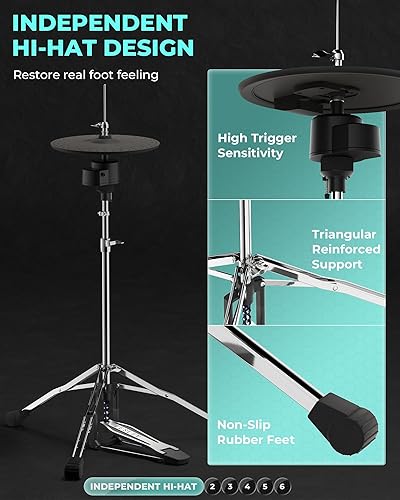 Miniatura 2 de Fesley Juego de batería eléctrica, juego de batería electrónica con 4 almohadillas de malla silenciosa, HiHat independiente y Kick Drum Juego de