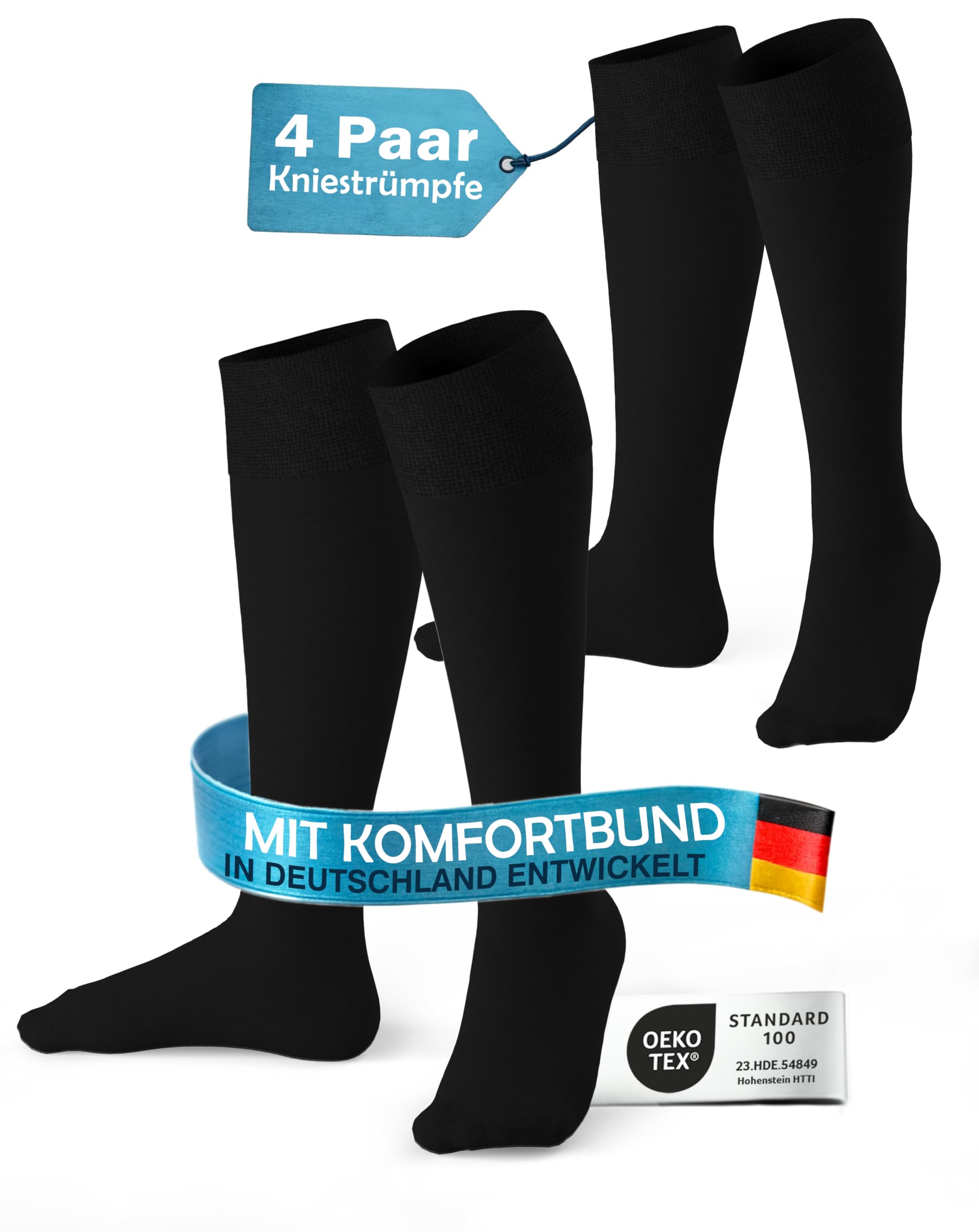 MEDOLY Knee Socks for Men and Women (4 Pairs) with 80% Cotton, Comfort Waistband, Stockings without Cutting Waistband and Without Seam, 4 x Black, 43-46