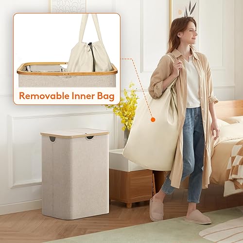 Miniatura 49 de Lifewit Cesta grande de 100 litros con tapa para ropa con asas de bambú y bolsa extraíble, plegable para dormitorio, baño, residencia universitaria