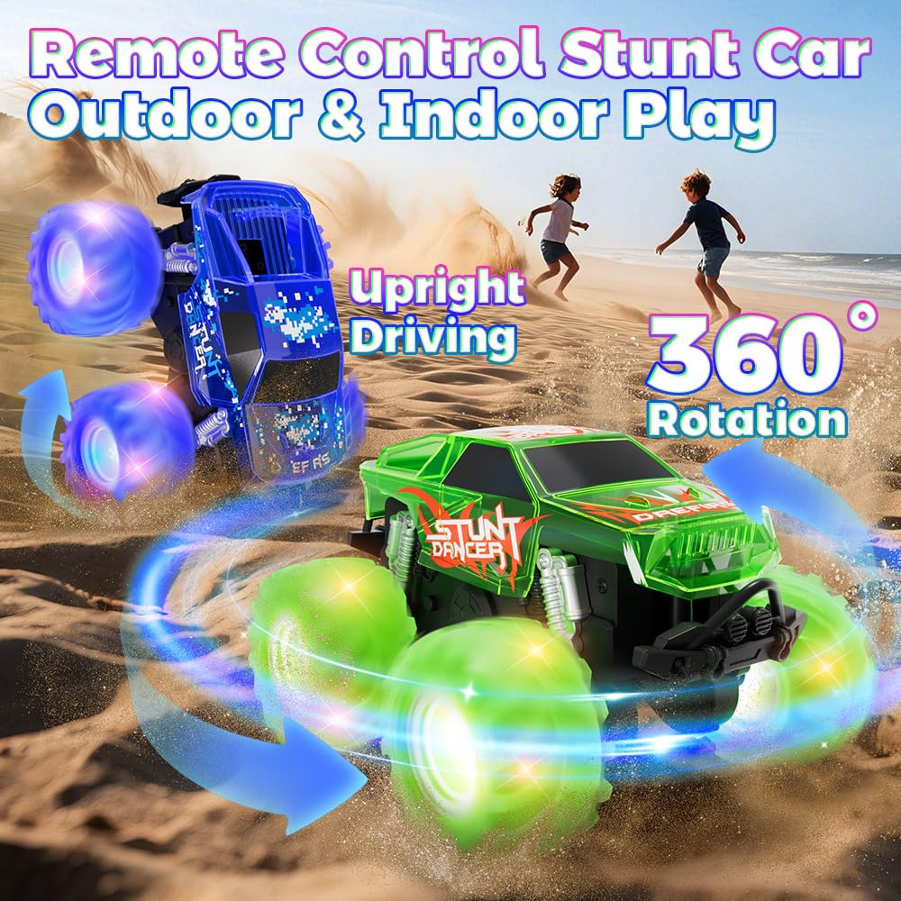 Amphibious Monster Truck Toy, Waterproof Remote Control Car, 4WD Off-Road RC Truck with Colorful Light, RC Stunt Car Toy for 4-7 8-12 Year Boy Birthday Gift Present