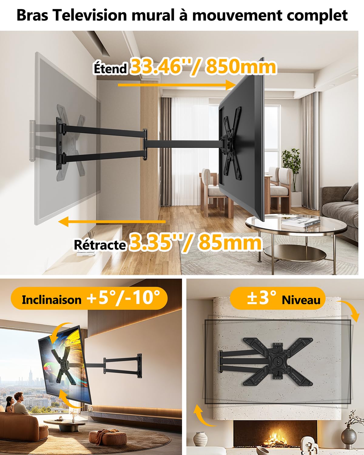 Support Mural TV à Bras Long 850mm pour Téléviseurs de 32-75 Pouces