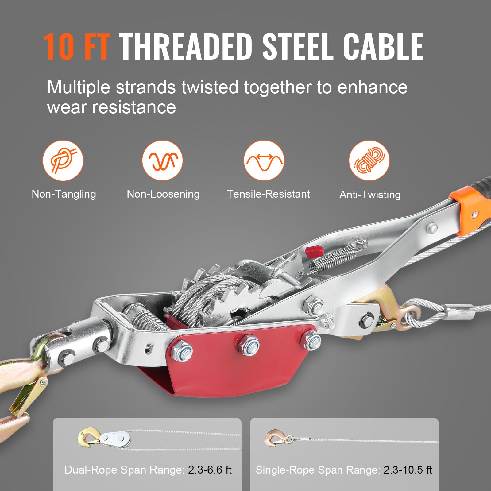 VEVOR Cabrestante de Tracción, Capacidad de Tracción de 4 T Cable de Acero de 3 m con 3 Ganchos, Herramienta Extractora de Trinquete Extractor de Cable de Elevación para Rescate de Vehículos