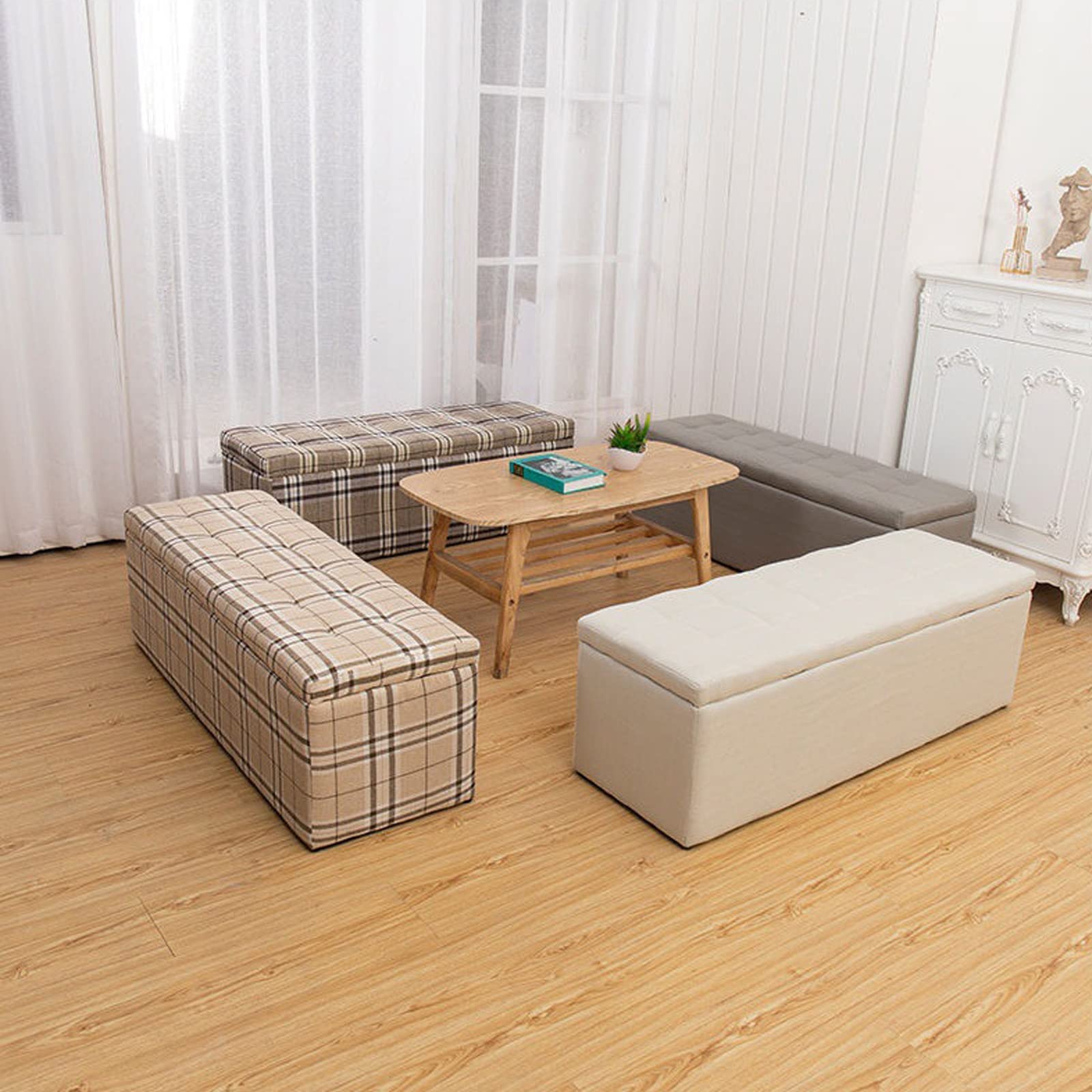 Banco de Almacenamiento Grande con Tapa abatible y Asiento Acolchado, baúl Rectangular de Lino para Dormitorio, Color 3, 120 x 40 x 40