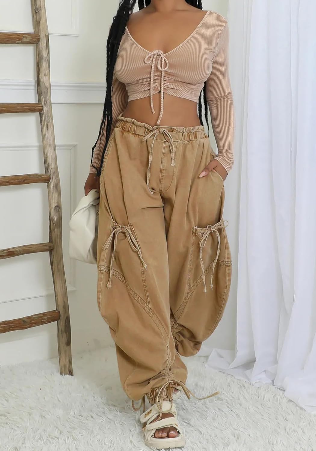 Unybwonn Women Baggy Barrel Jeans High Waisted Y2k Drawstring Bow Tie Cargo Jean Retro Wide Leg Ankle Denim Joggers - Image 3