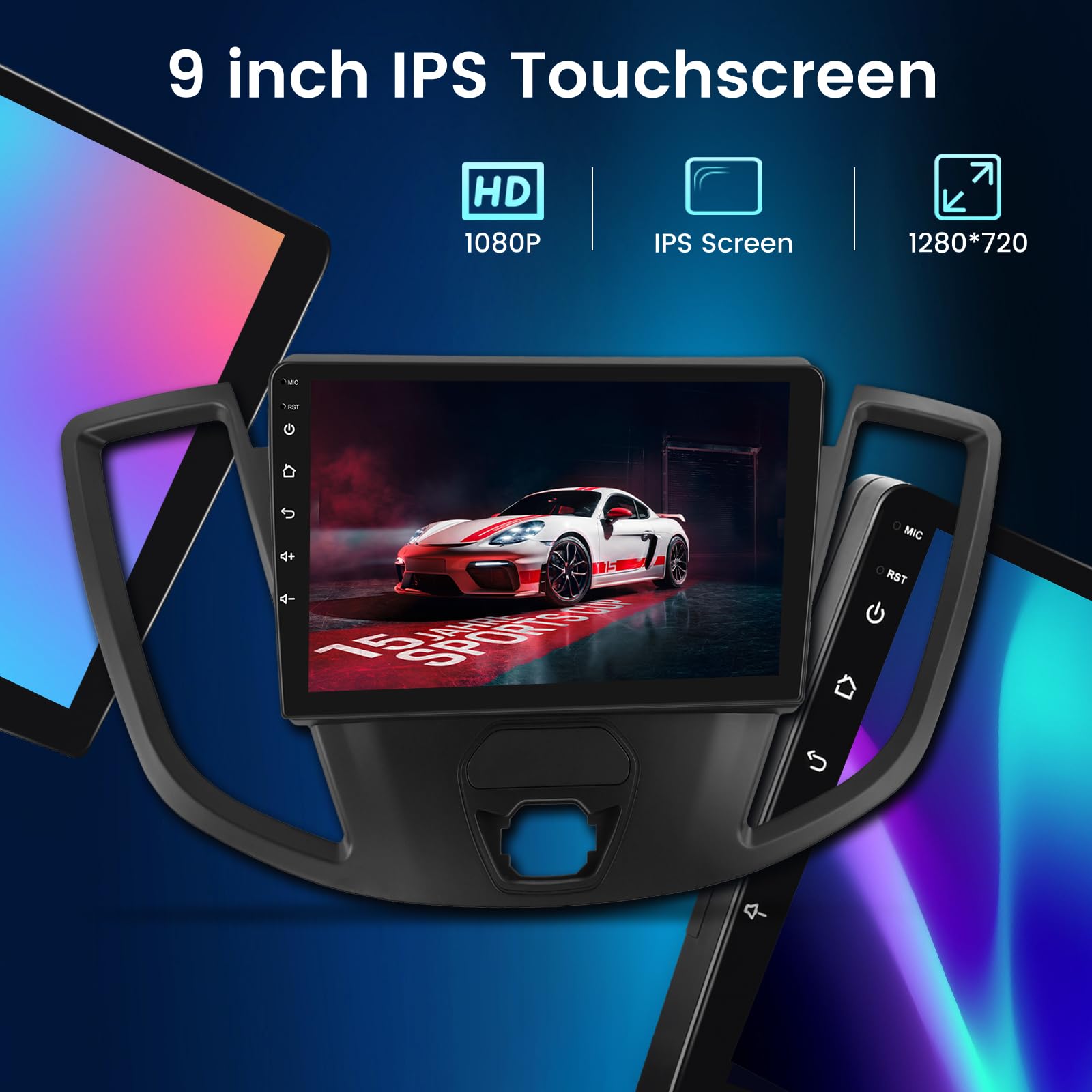 NHOPEEW 4+64G Radio Voiture pour Ford Transit 2015-2018 - Radio Android 9 Pouces avec sans Fil Carplay et Android Auto - Mirror Link 32EQ DSP Écran Divisé + Caméra de Recul & Microphone
