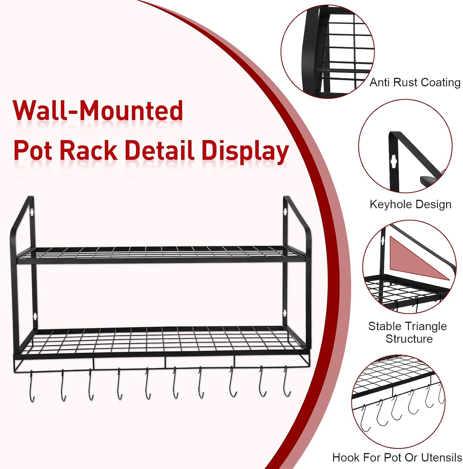 Hanging Pot Rack, Amtiw 2 Tier Pan Rack, Wall Mounted Pot Holders for Kitchen Storage, Pot and Pan Organizer with 10 Hooks, Ideal for Pans Set, Utensils, Cookware, Household. : Home & Kitchen