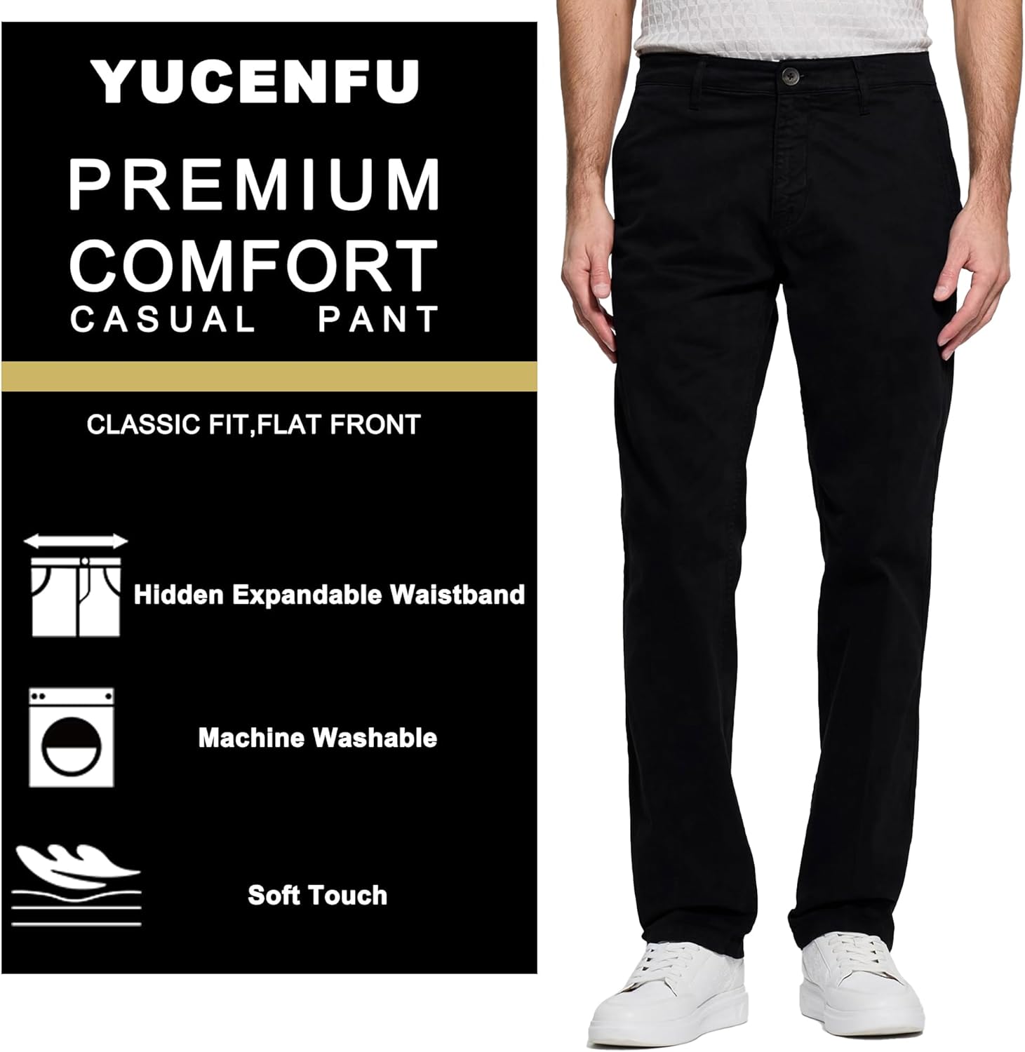 Mens Classic Fit Khaki Casual Chino Pants Whit Hidden Comfort Waistband - Image 5