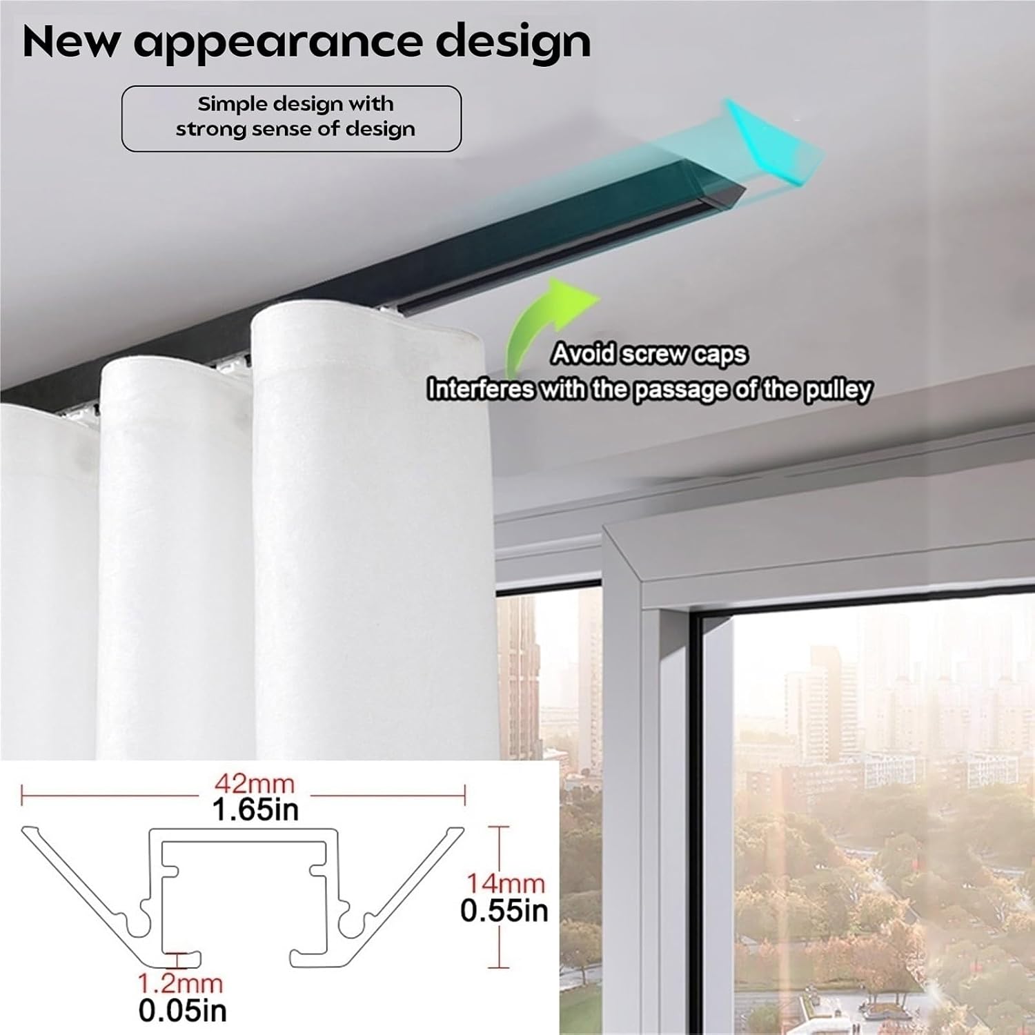 Aluminum Ceiling Track Rod for Inward Opening Silent r Rollers NoBracket Design Invisible Mounting for RV & Bay Windows 3.3ft/100cm White