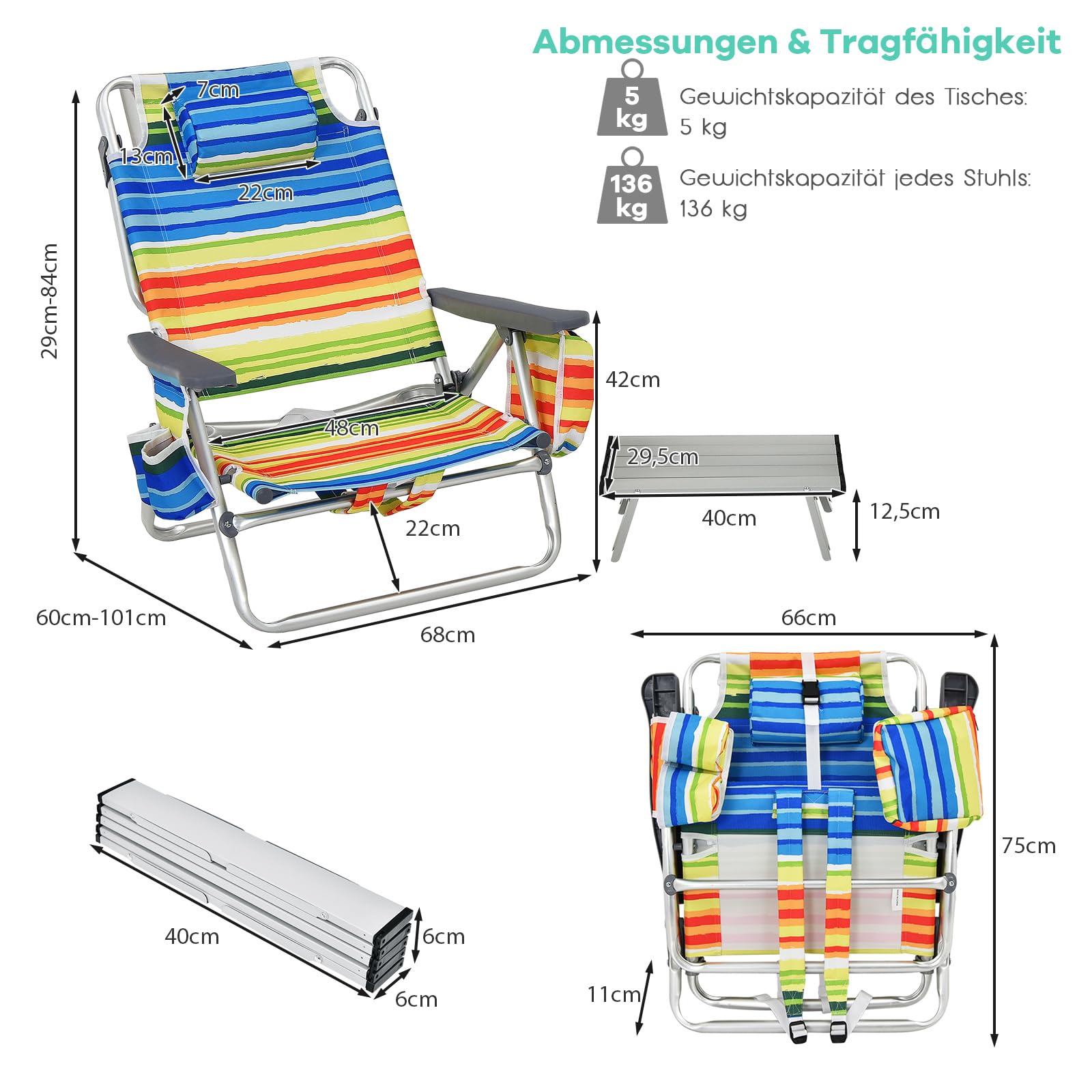COSTWAY Strandstühle und Tisch Set, klappbare Campingstühle mit Verstellbarer Rückenlehne, Kopfstütze, Seitentaschen, Eisbeutel, Armlehnen & Schultergurten, Klappstühle leicht, Mehrfarbig