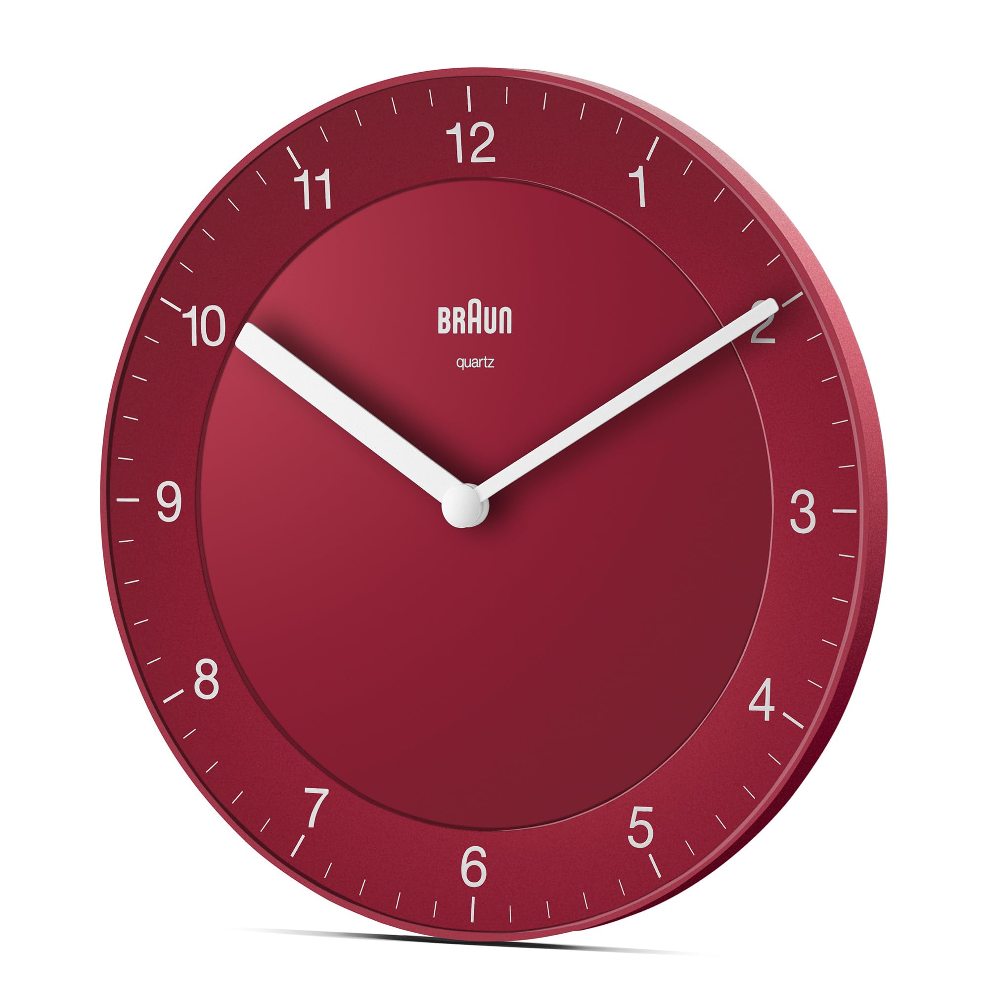 Braun Klassische analoge Wanduhr ruhigem Quarzuhrwerk, leicht lesbarem Zifferblatt mit 20 cm Durchmesser in Rot, Modell BC06R.