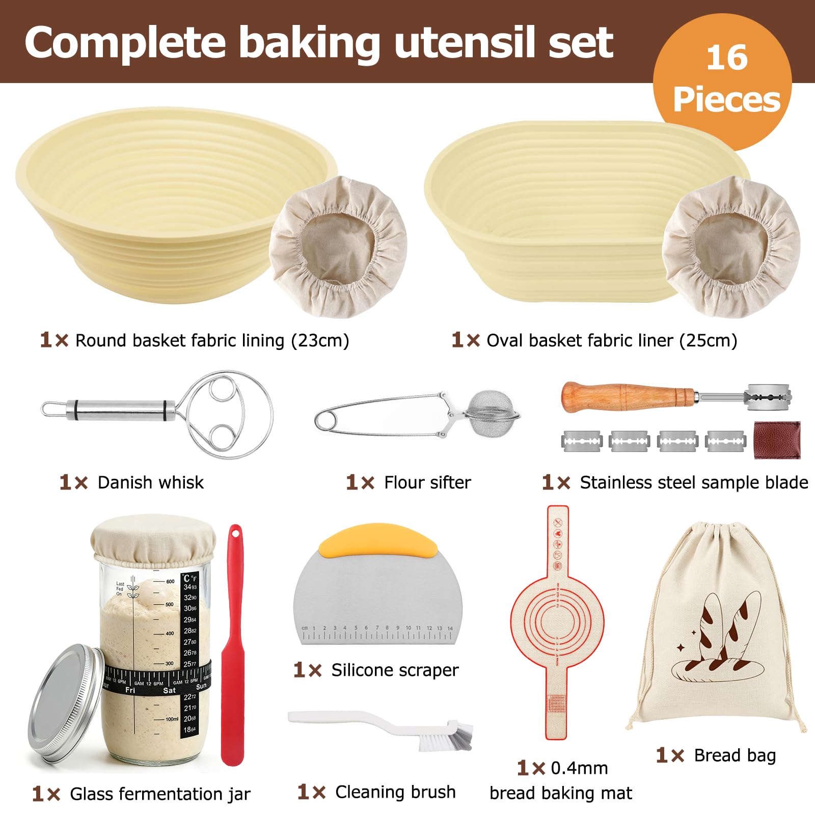 Set di 16 cestini di lievitazione per lievitazione naturale, pieghevoli in silicone, rotondi e ovali, 25 cm e 23 cm, con vetro lievitato, per panettieri professionali e casalinghi