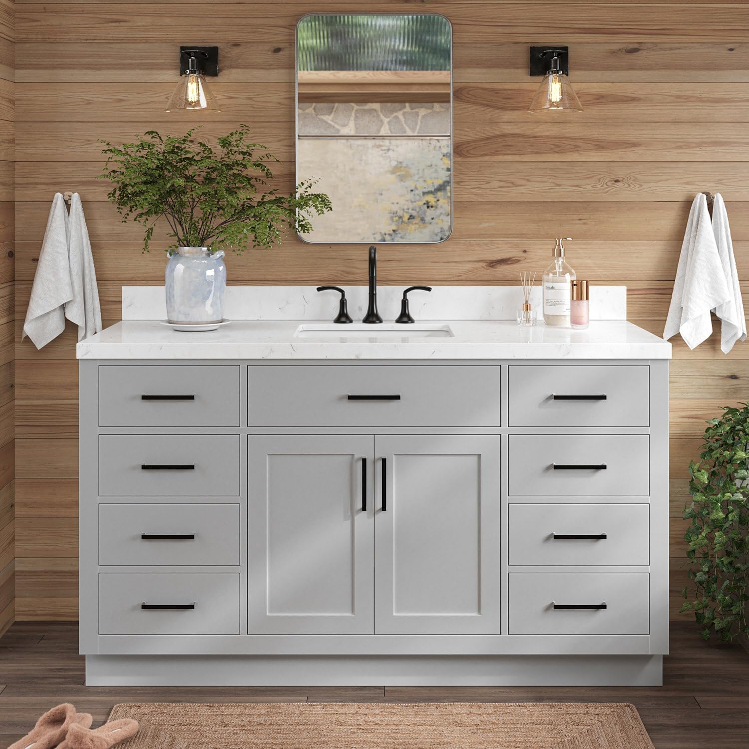 ARIEL Hepburn 60 inch Grey Bathroom Vanity in a modern bathroom setting