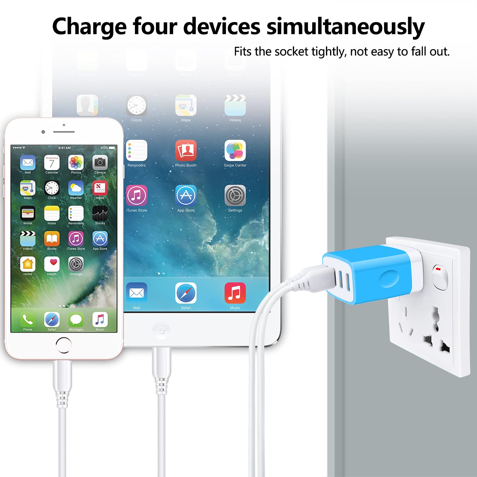 iPhone 13 Charger Block Fast Charging 4.8A Multi Port USB Charger Wall Plug Power Adapter Charging Box Cube Brick for iPhone 15/14/13/12/11 Pro Max, Samsung Galaxy S24 A15 A14 A13 A54 A53 A73 S23 S22
