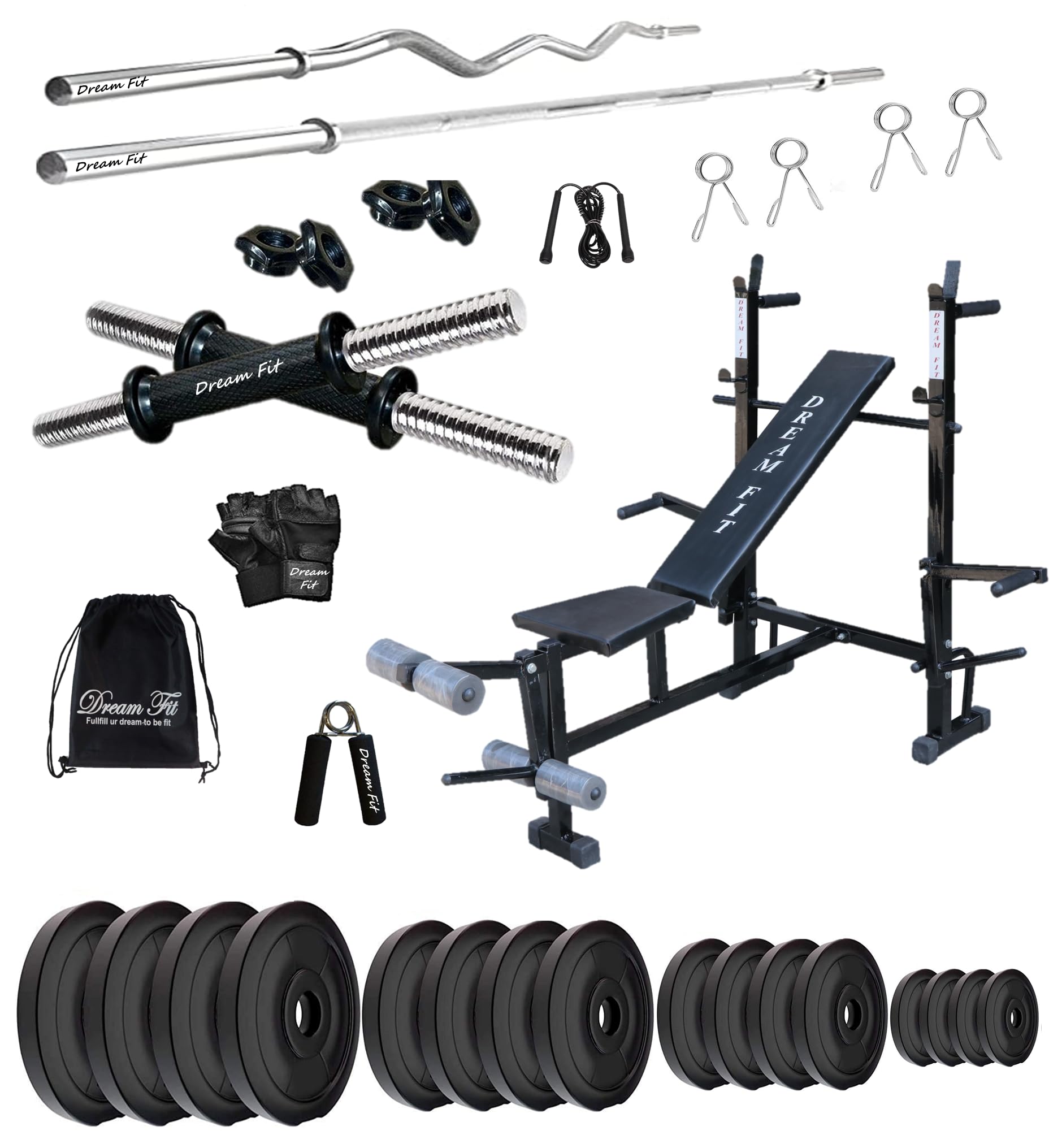 DREAM FIT PVC Home Gym Set - 80 Kg with 8in1 Gym Bench, 3 ft Curling Rod, 5 ft Straight Rod, 1 Pair Dumbbell rods and Gym Accessories (80kg)-image-33