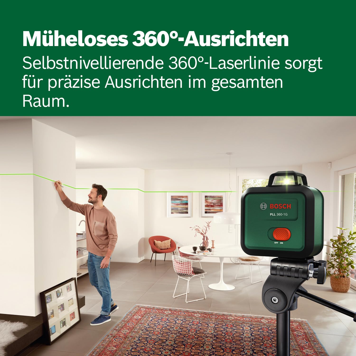 Bosch Linienlaser PLL 360-1G (360° grüner Laser, selbstnivellierend, ±0,4 mm/m Genauigkeit, integrierter Lithium-Ionen-Akku, Laden über USB-C®, im Karton)