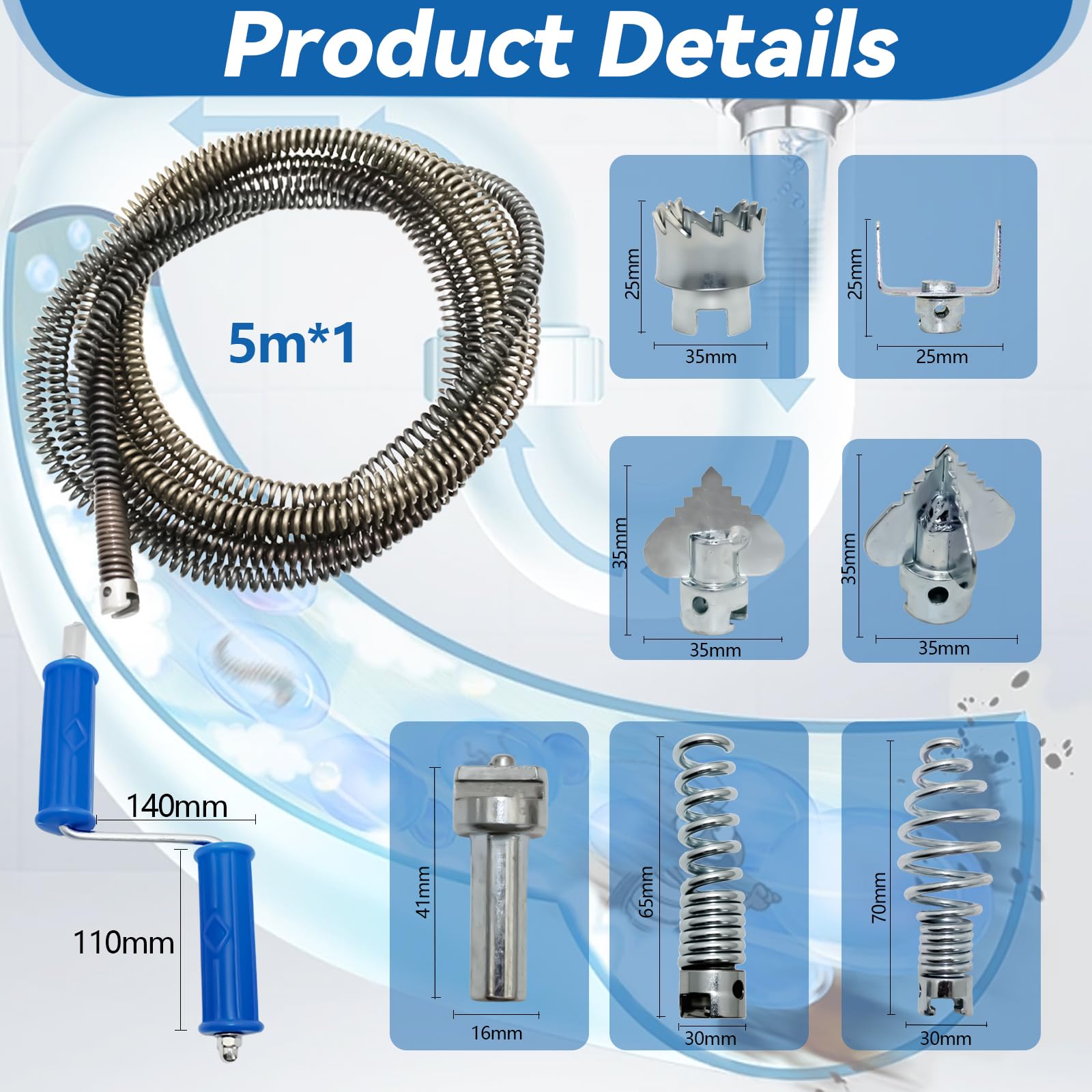 Deboucheur Canalisation Professionnel 5m x12mm, Deboucheur Evier avec Manivelle, 8 Pièces Dragage Nettoyeur Adaptateurs éLectriques, Pratique et Efficace Deboucheur pour WC Evier Canalisation