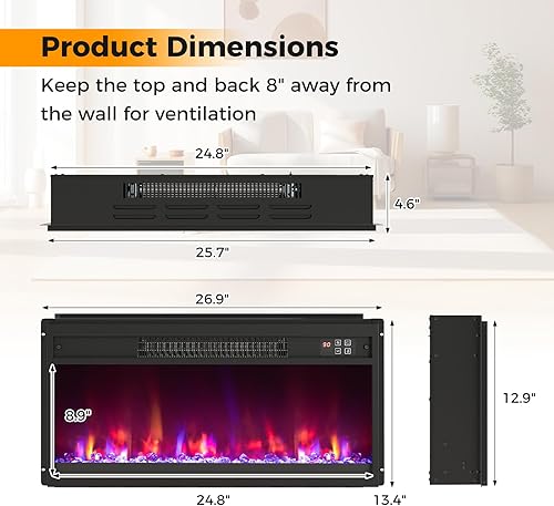Miniatura 3 de COSTWAY Calentador de chimenea empotrado de 26 pulgadas, inserto de chimenea eléctrica con llama multicolor y cama de brasas de cristal, control