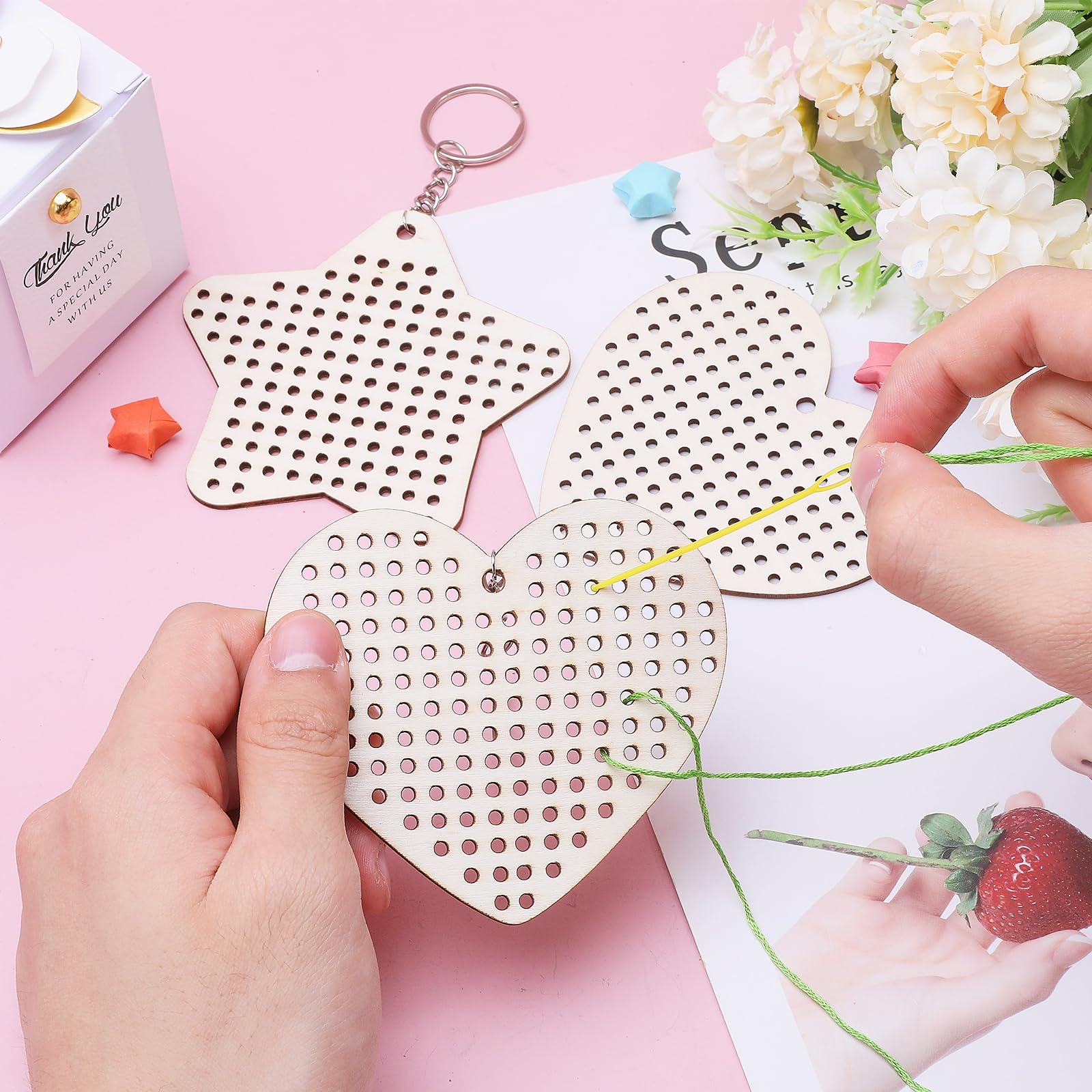 Kit Punto Croce In Legno Fai Da Te | 8 Pezzi Forma Cuore E Stella | Portachiavi Ricamo Per Principianti