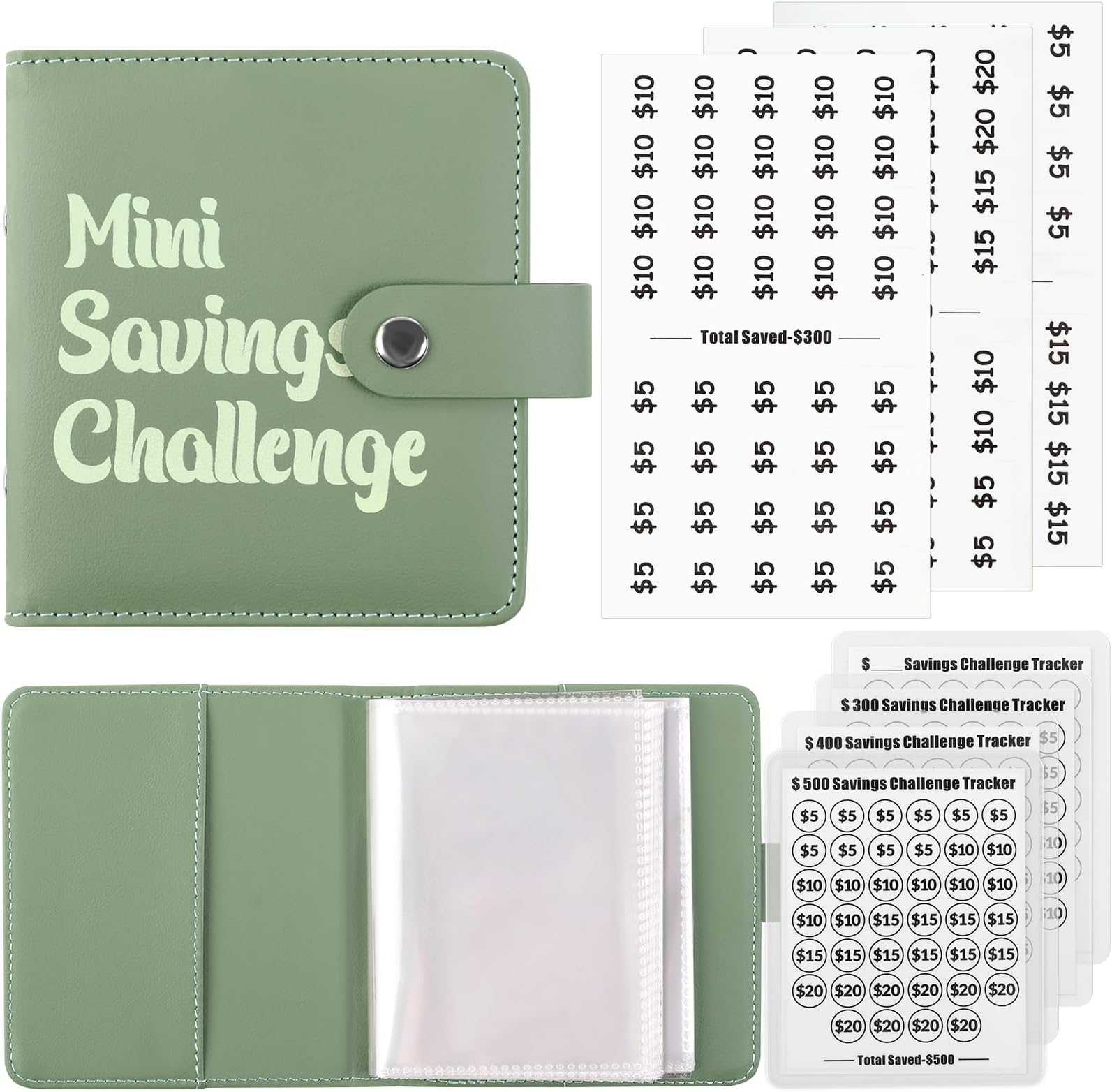 SKYDUE Mini Money Saving Binder, Portable Savings Binder with 4 Various Laminated Money Saving Challenge Trackers, Savings $300, $400, $500 Challenges Book with Envelopes & Stickers, A8, Olivegreen