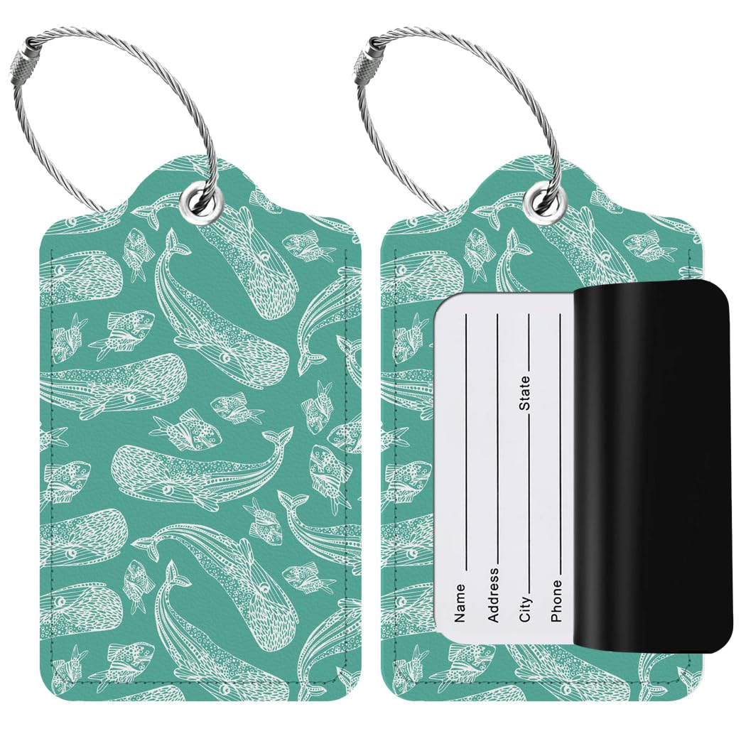 Pack of 2, Vegan Leather Luggage Tags (Ocean Sperm Whale Pattern) Suitcase ID Tags with Privacy Cover for Baggage, Backpack, Travel Bag, Kids, Women,