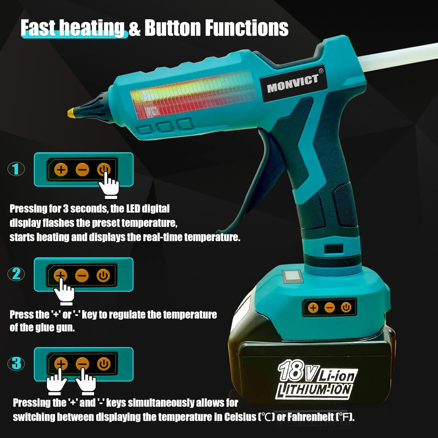 MONVICT 100W Cordless Glue Gun for Makita 18V Battery, Upgraded Digital Temperature Adjustable Handheld Electric Power Full Size Heavy Duty Hot Glue Gun with 10 Glue Sticks (Battery Not Included)