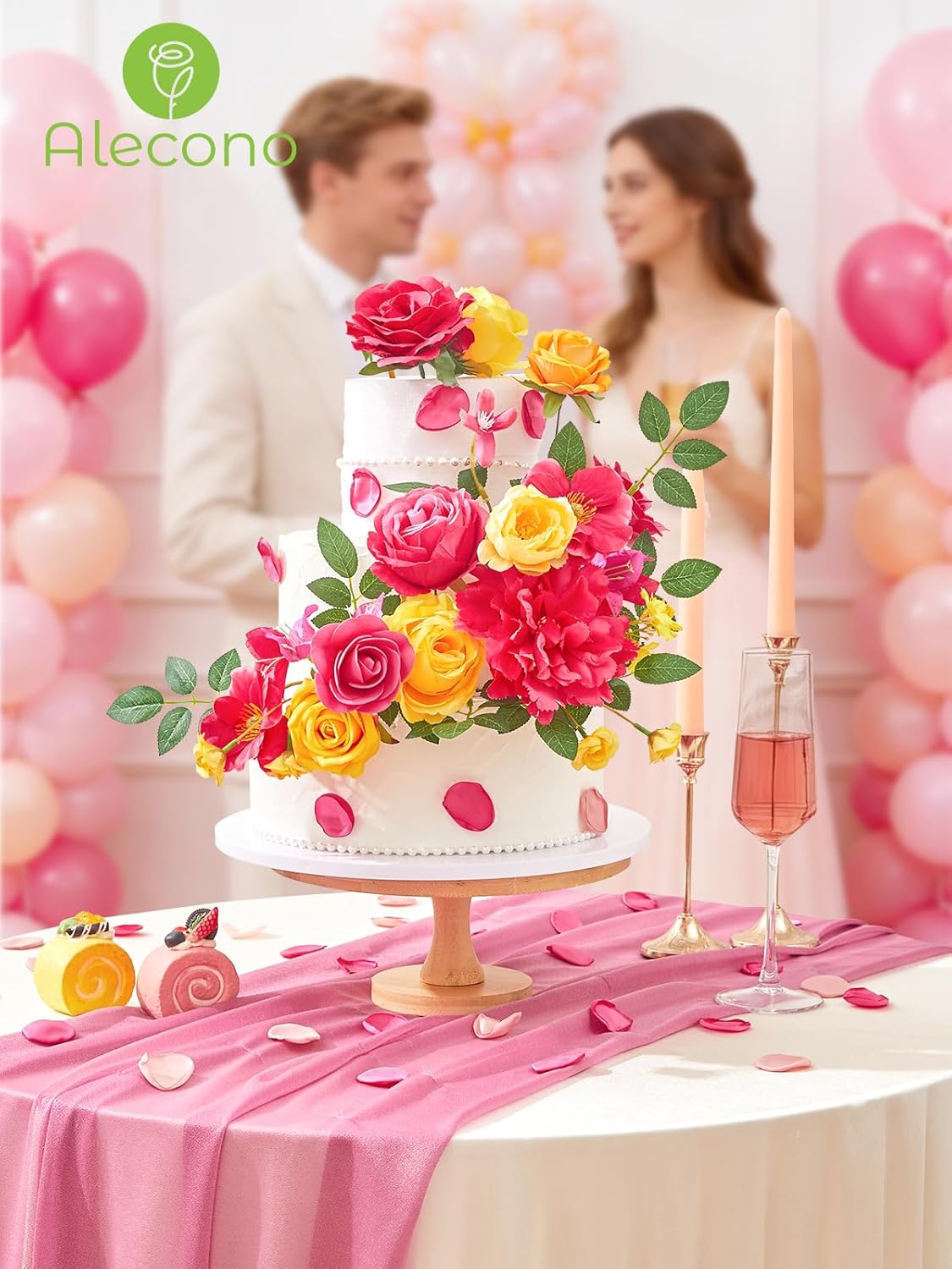 Alecono Artificial Flowers, Hot Pink and Yellow Silk Fake Flowers for Valentines Day Home Decor, DIY Wedding Bouquets, Cake Flowers for Table Centerpieces Baby Shower Birthday Party Decorations - Image 3