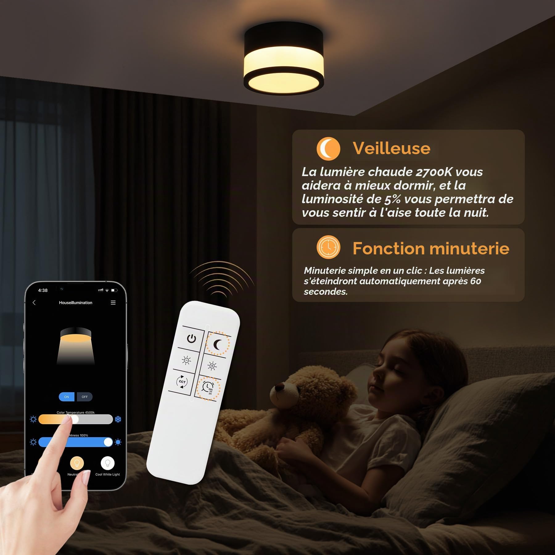 4x Spot LED Surface Dimmable, IP65 Plafonnier Spot avec Télécommande APP, 12W Spots de Plafond Noir 2700K-6500K Spot Plat Surface Aluminium 220V Rond Plafonnier Salle de Bain, Ø109mm