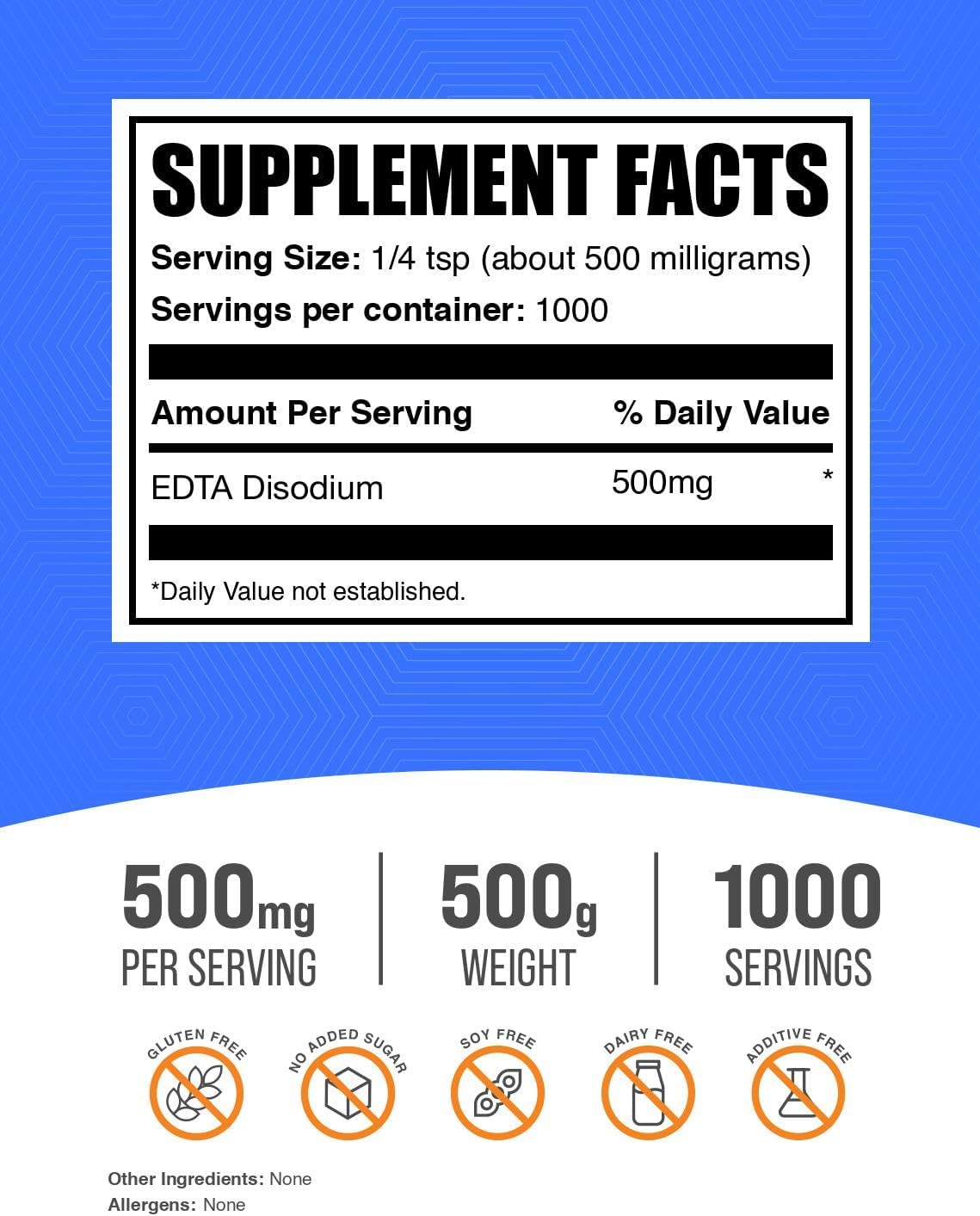 BulkSupplements.com Disodium EDTA Powder - EDTA Disodium Salt, Food Additive - Food Grade, Pure, & Gluten Free, 500mg per Serving, 500g (1.1 lbs) (Pack of 1)