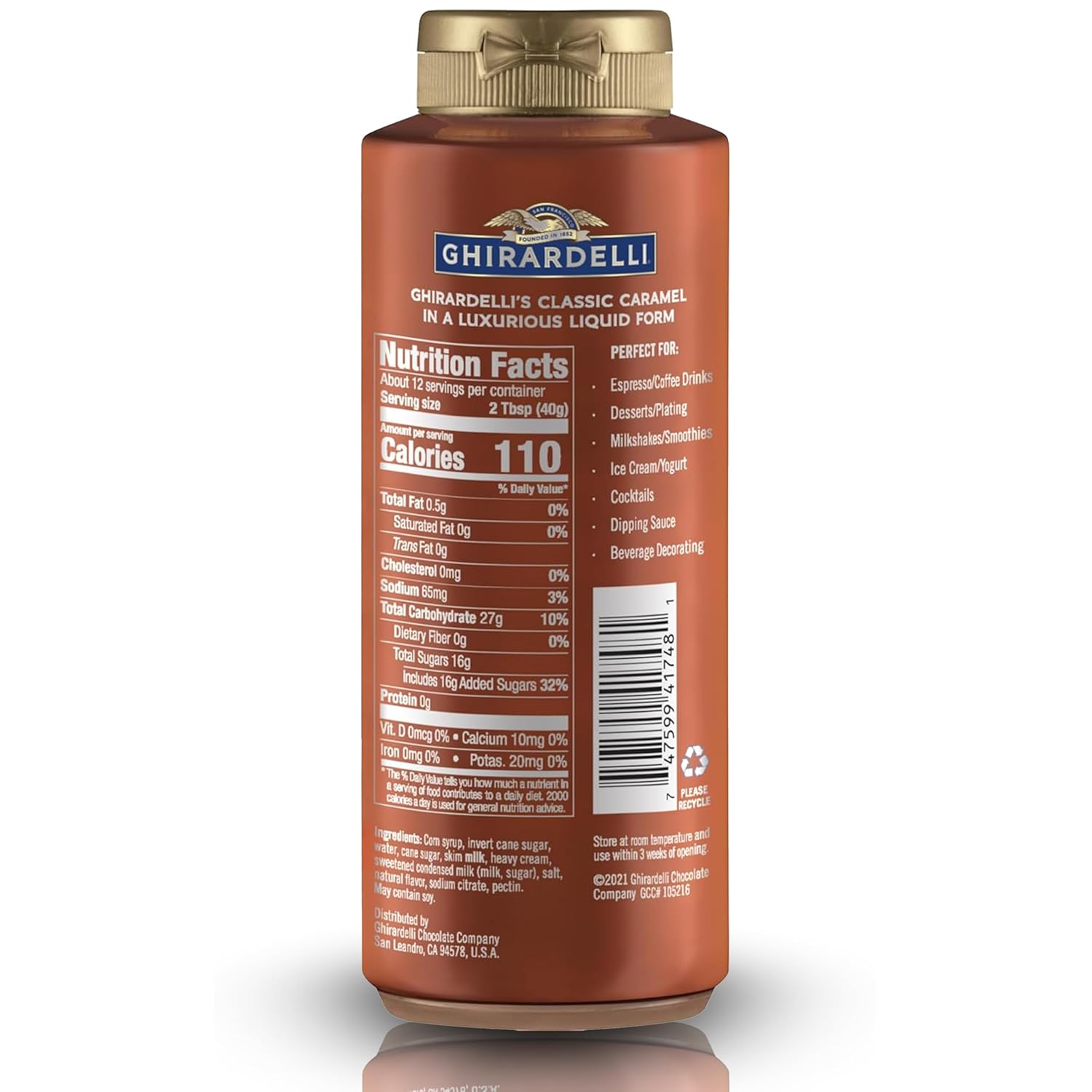 Ghirardelli Caramel Flavored Sauce Squeeze Bottles | 16 oz (Pack of 2) | Rich Creamy Caramel Dessert Topping for Coffee Drinks, Ice Cream, and Baking Recipes