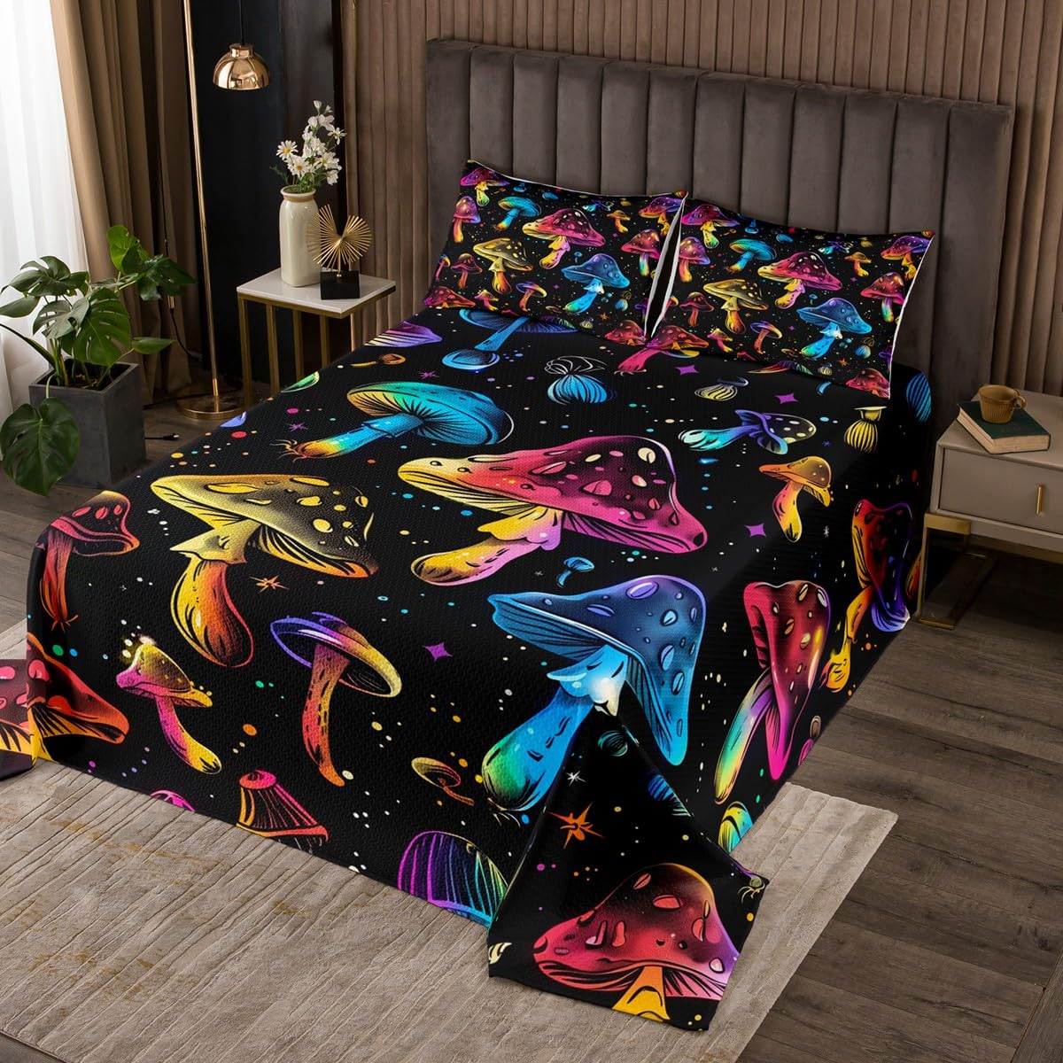 Manfei Mushroom Kids Bedspread King Size,Glitter Starry Sky Trippy Coverlet Set,Boys Girls Room Decor,Tie-dye Graffiti Botanical Plants Rustic Quilted Coverlet,Colorful Bedding Quilt,2 Pillowcases