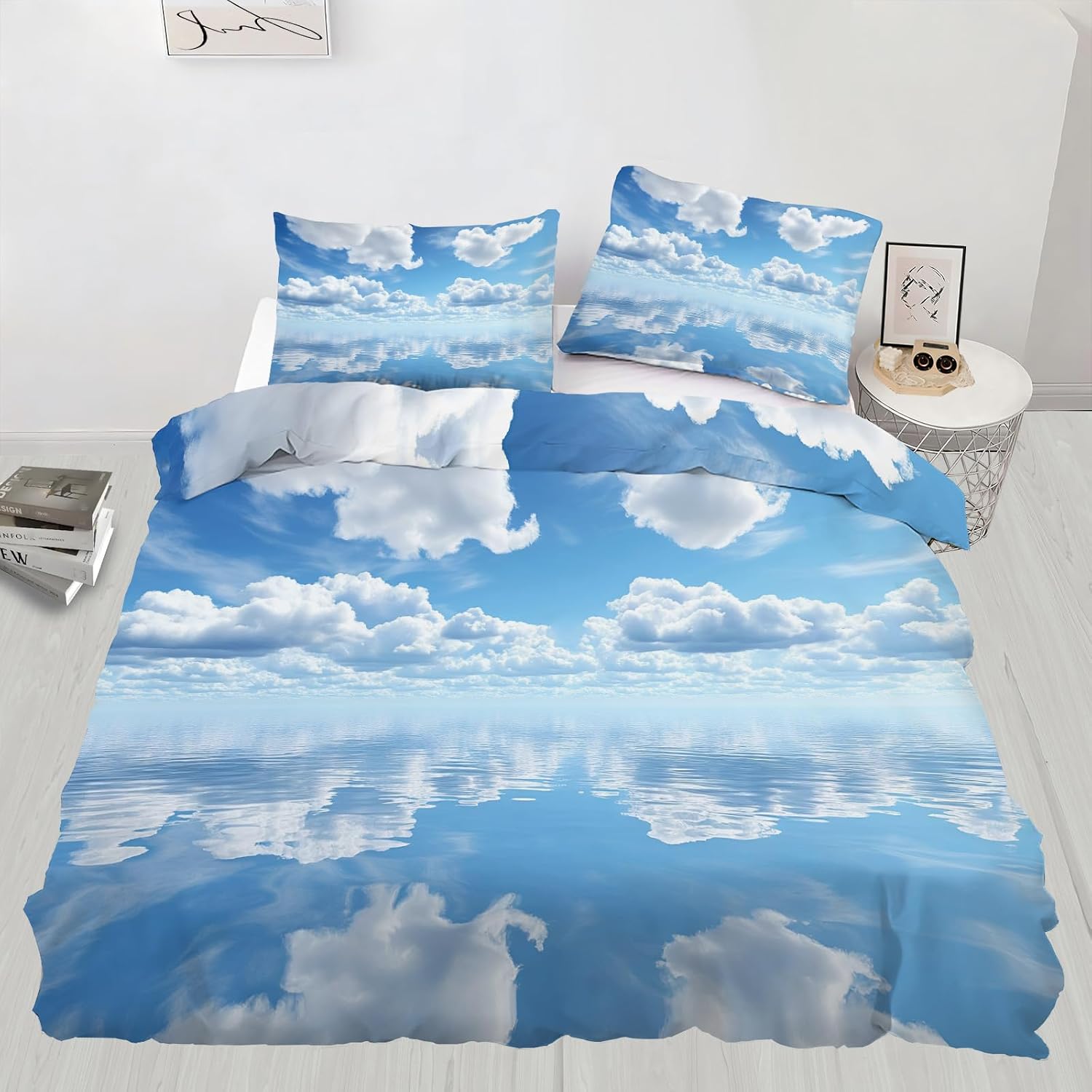 Full Size Blue Sky White Clouds Duvet Cover, Landscape Bedding Set for Kids and Adults Bedroom Decor, Natural Realism Quilt Cover Set Comforter Cover with Pillow Shams (No Comforter)