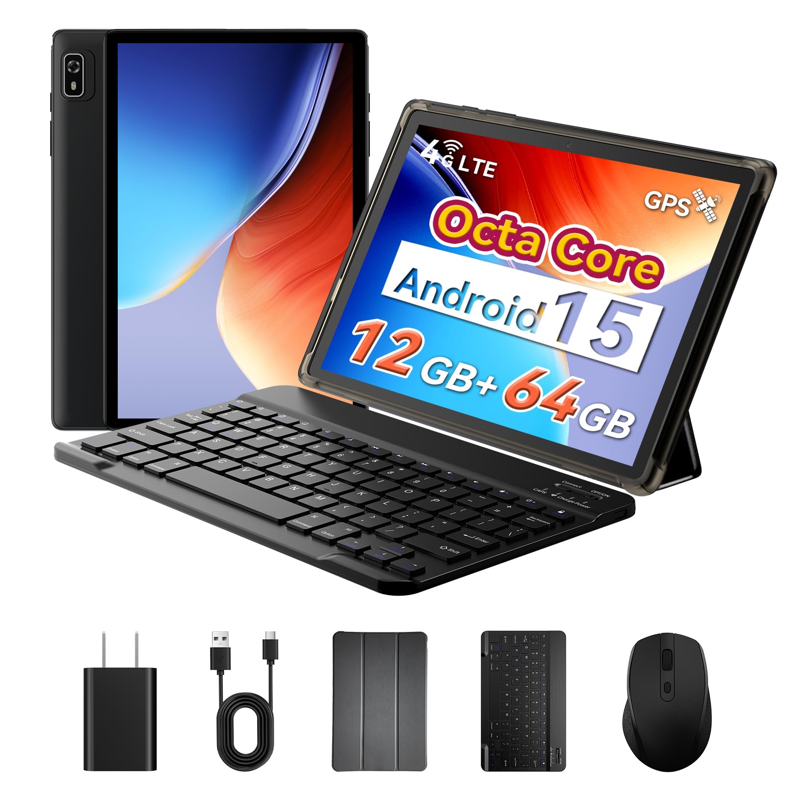 Android Tablet 10 inch, Android 15 Tablet with Keyboard, Mouse, 4G LTE Cellular, IPS Display, MediaTek Octa Core Processor, 12GB+64GB, 2TB Expandable,5G Wi-Fi, GPS, 2-in-1 Tablets with Case