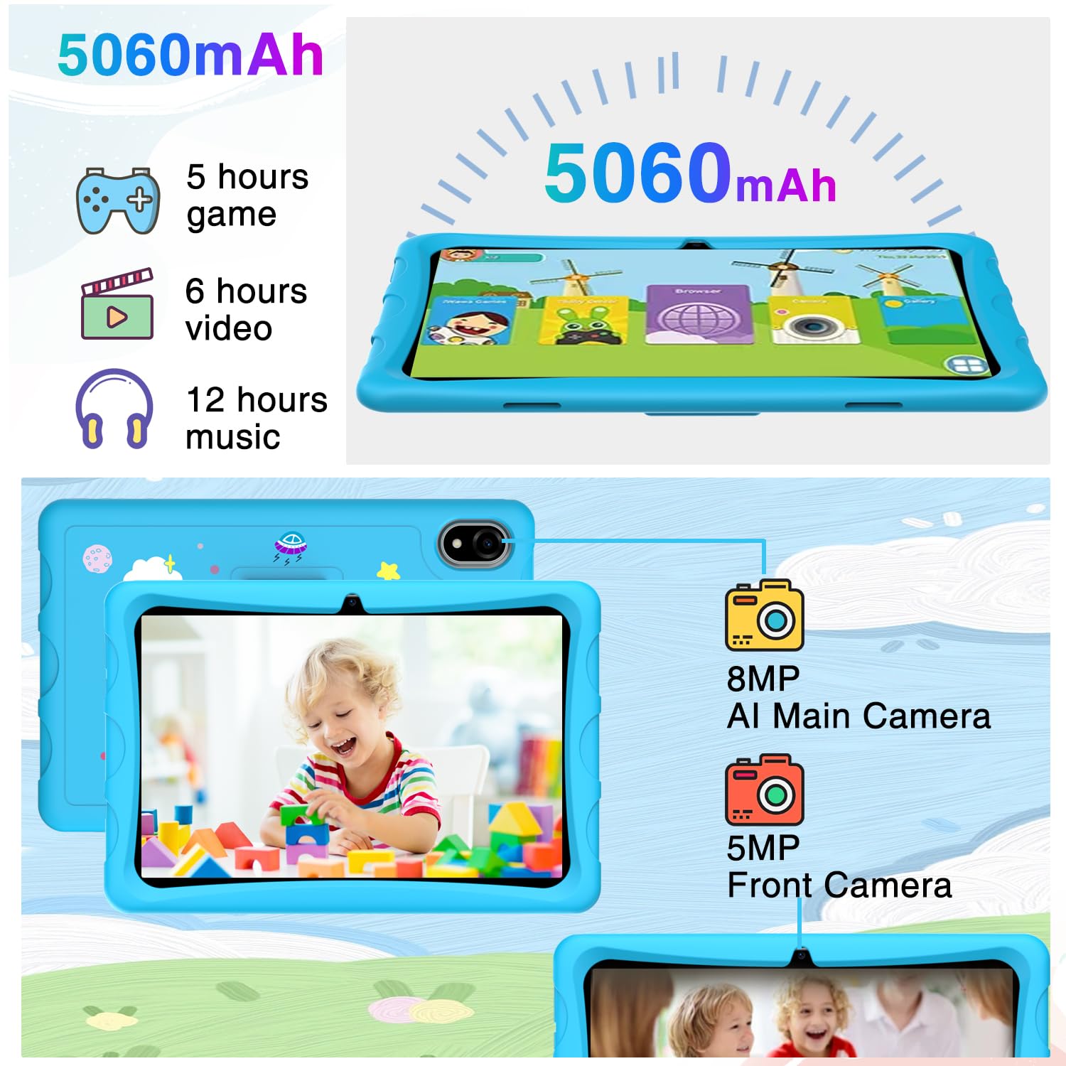 U10 Kid Tablet 10 Pollici, 9GB+128GB/1TB Tablet Bambini, 5MP+8MP, Tablet Android 13, Wi-Fi 6/BT5.0/TUV/DRM L1, Tablet con Controllo Parentale, Software Didattico per Bambini Preinstallato