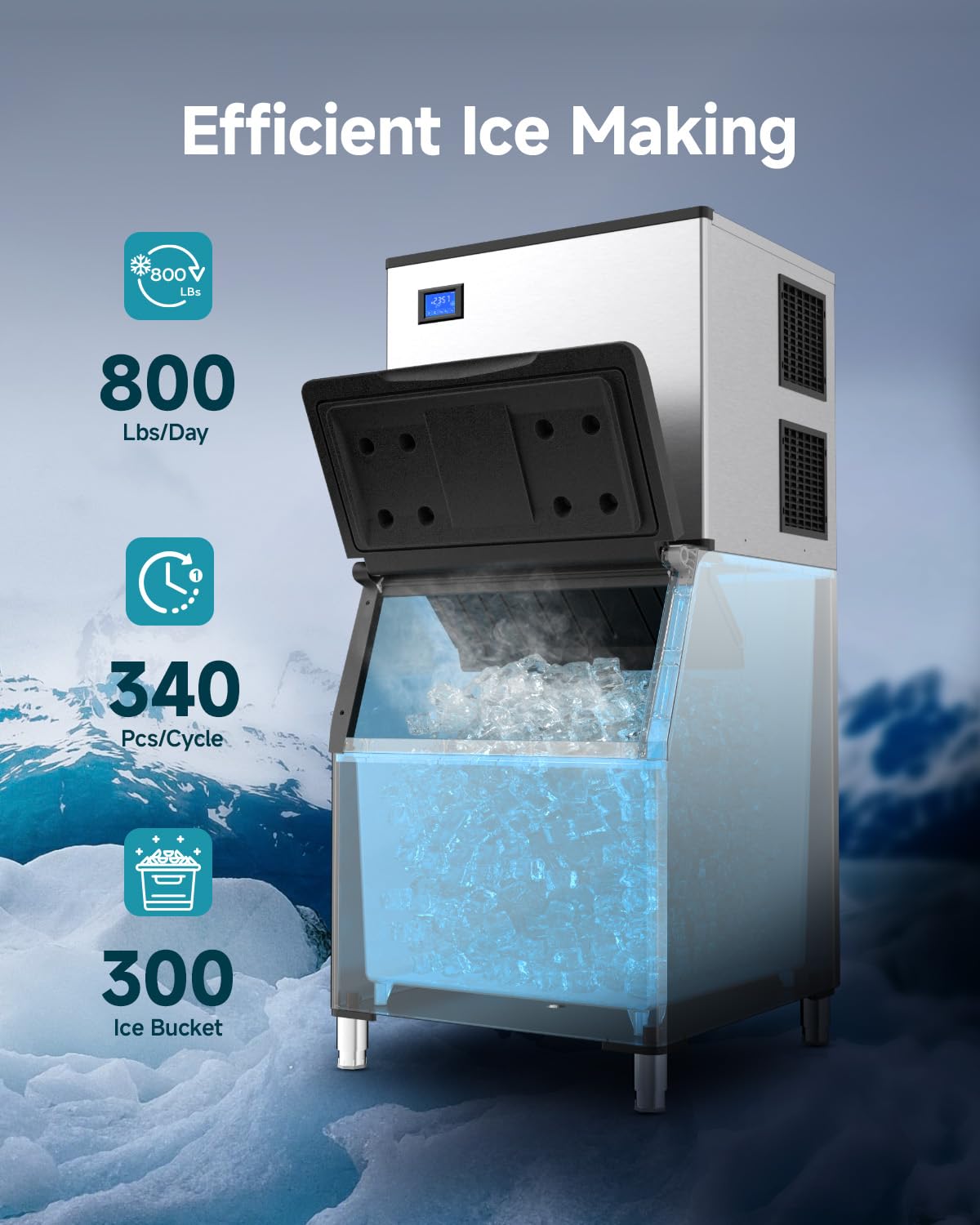 EUHOMY Commercial Ice Maker Machine,800lbs/24H,Industrial Ice Machine with 300lbs Storage Bin,Ice Ready in 10-15 Mins,SECOP Compressor&ETL,Stainless Steel Ice Maker for Bar/Cafe/Restaurant/Business
