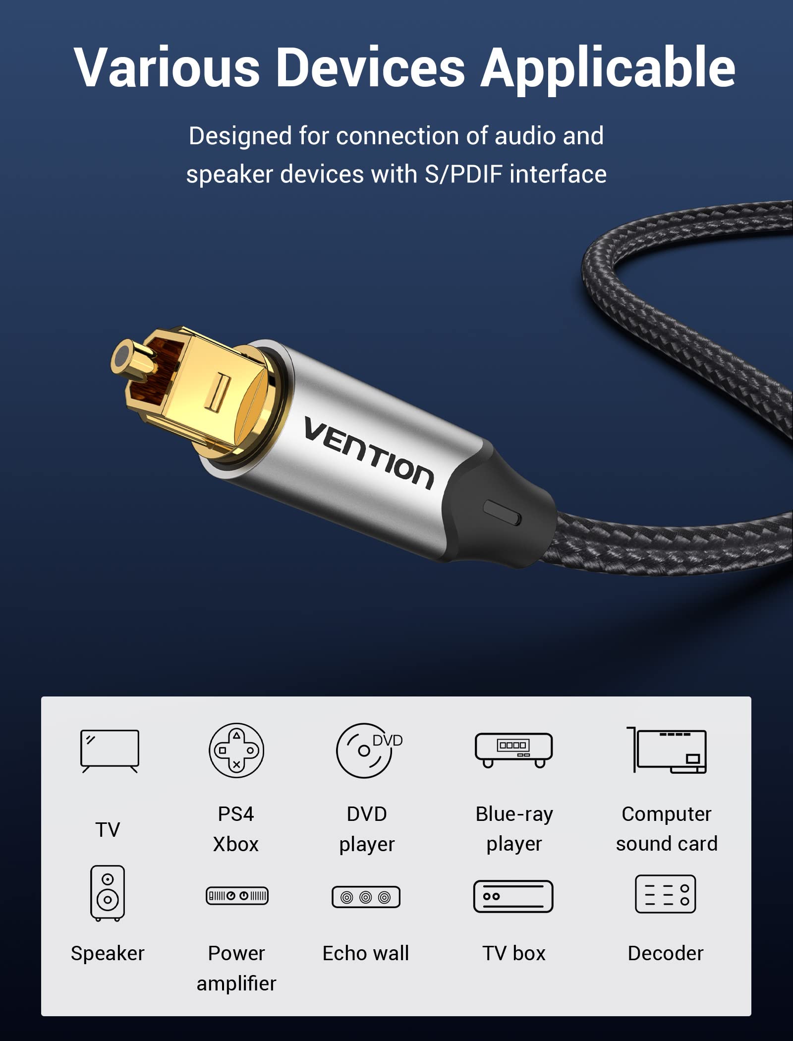 VENTION Câble Optique Audio Toslink 2m Nylon Tressé 24K Plaqué Or