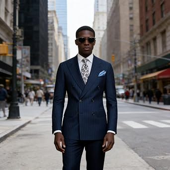 Men's 2 Piece Pinstripe Suits Double Breasted Striped Tuxedo Slim Fit Suit for Men with Jacket and Pants