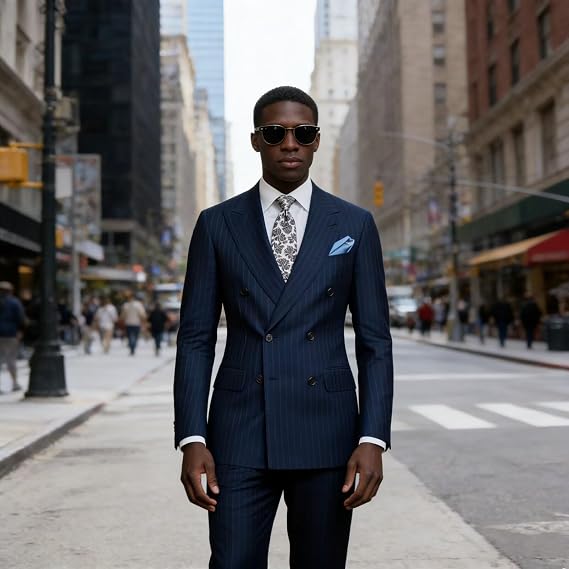 Men's 2 Piece Pinstripe Suits Double Breasted Striped Tuxedo Slim Fit Suit for Men with Jacket and Pants