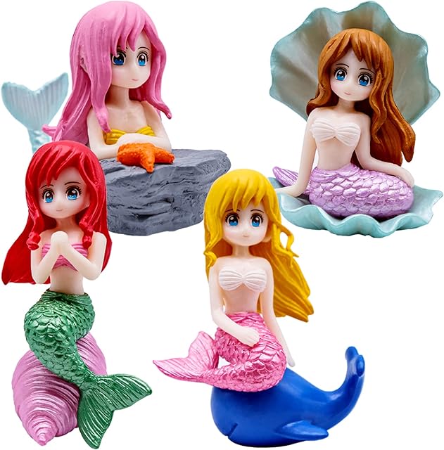 KUYT 4-Piece Mermaid Ornament, Mini Mermaid Figurines,Mermaid Cake Topper, Mermaid Cake Decoration for Wedding Kids Birthday Baby Shower Party Decoration