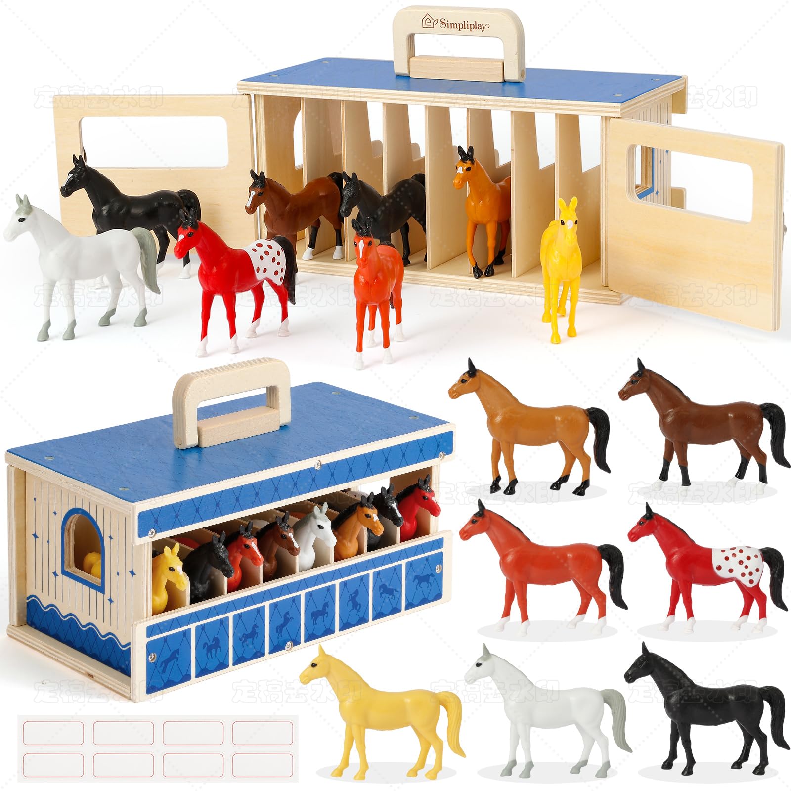 SIMPLIPLAY 8pcs Horse Toys with Portable Wooden Horse Stable Playset