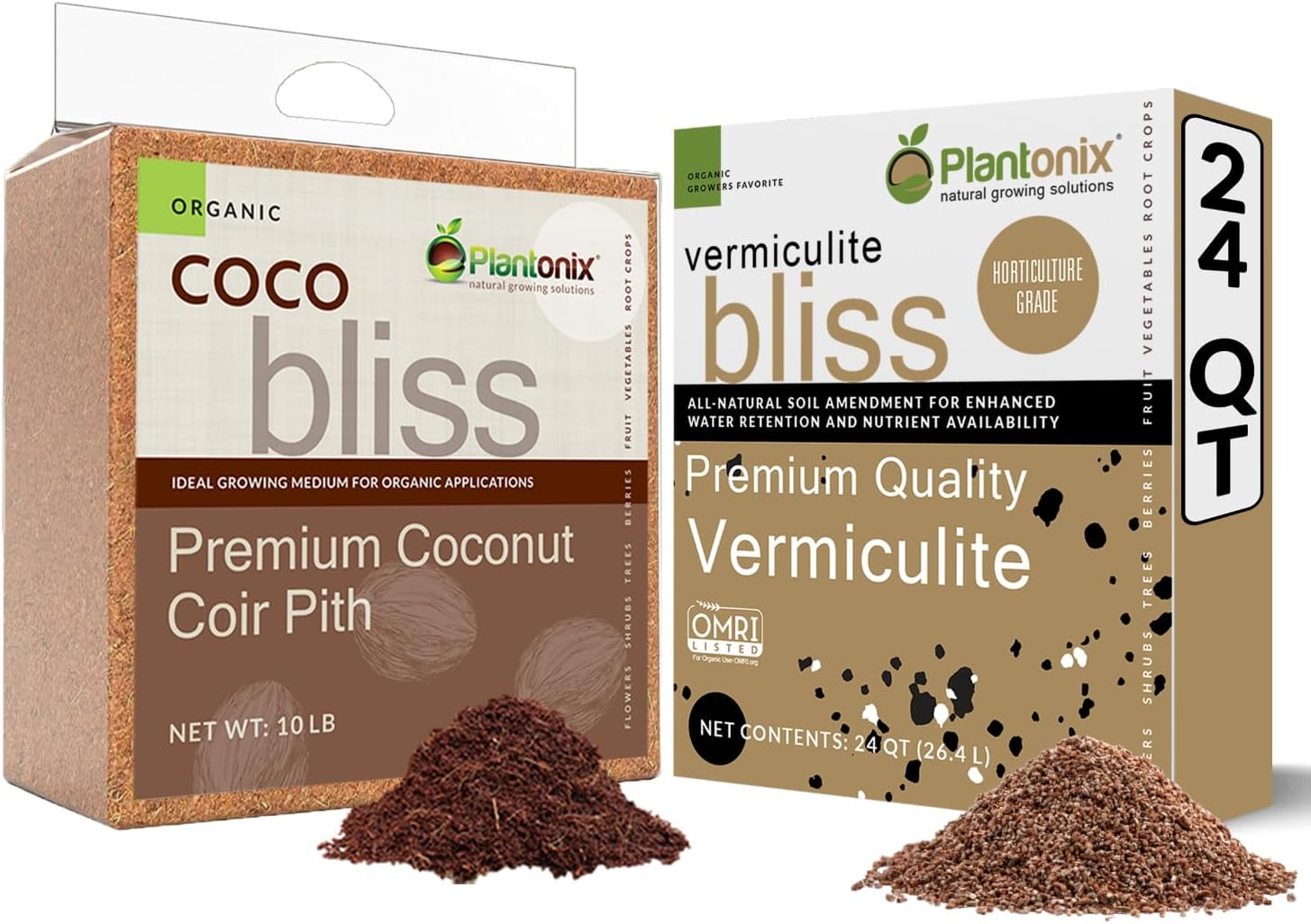 Coco Bliss (10lb Block) + Vermiculite Bliss (24 Qts) - Organic Coco Coir & Vermiculite for Plants - Compressed Coco Coir Brick with Low EC & pH Balance - OMRI-Listed Coco Coir for Plants & Gardening