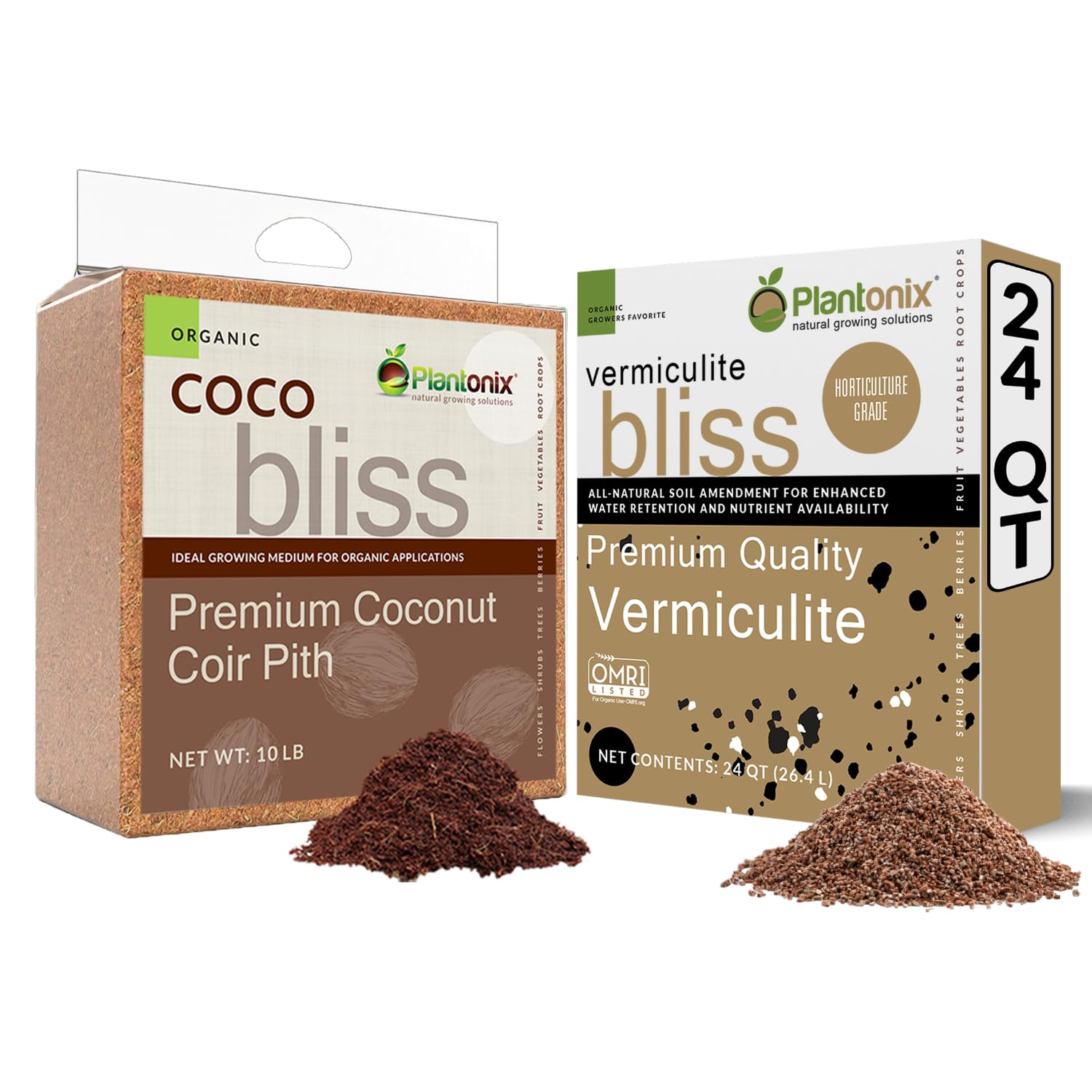 Coco Bliss (10lb Block) + Vermiculite Bliss (24 Qts) - Organic Coco Coir & Vermiculite for Plants - Compressed Coco Coir Brick with Low EC & pH Balance - OMRI-Listed Coco Coir for Plants & Gardening
